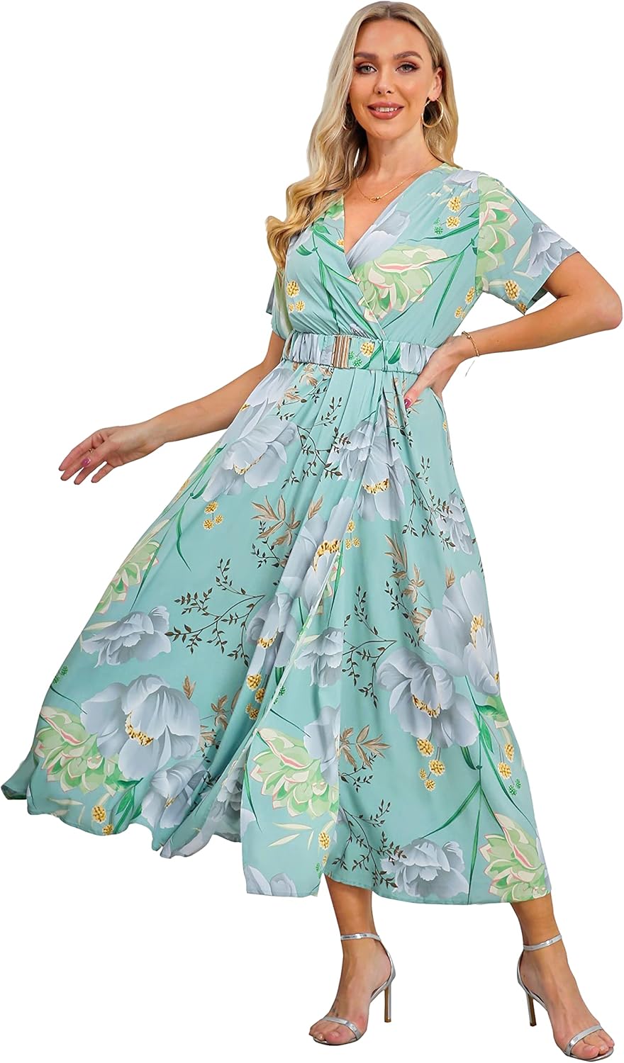 VintageClothing Womens Floral Summer Dresses Wrap V Neck Casual Boho Long Dress Flowy Maxi Beach Wedding Guest Dresses 2024