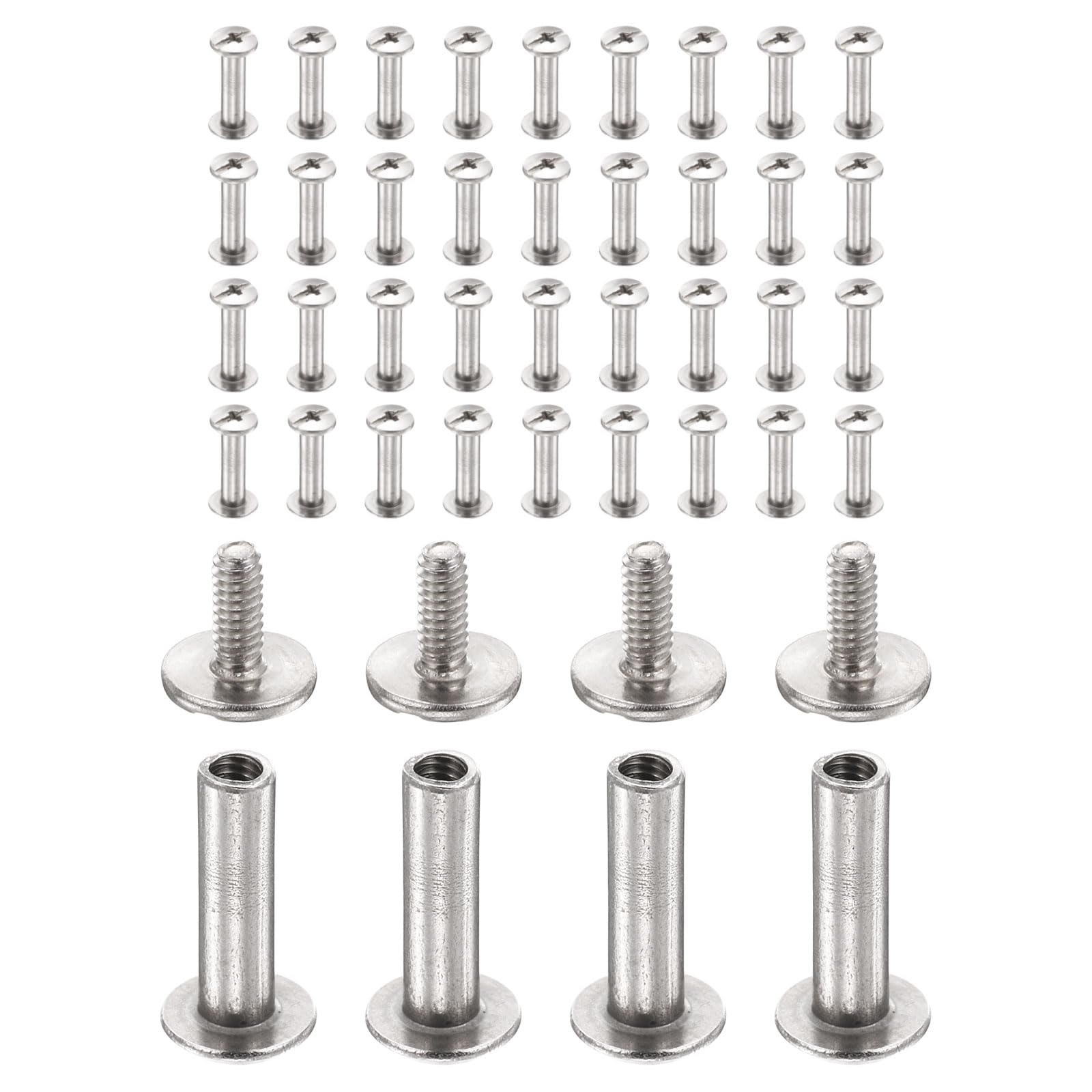 sourcing map 40set Chicago Screw M2x10.9mm 5mm Length Metal Phillips Nail Rivet Stud Bolts Rivets Binding Post Screw for DIY Leather Belt Bag Craft Bookbinding, Silver