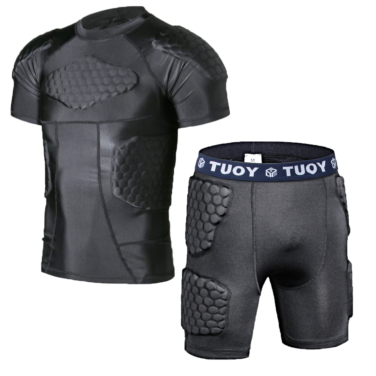 DGXINJUNMen Padded Compression Shirt + Short (Large), Rib Chest Back Protector Pads for Adult Football Basketball Paintball Rugby Training (Large)