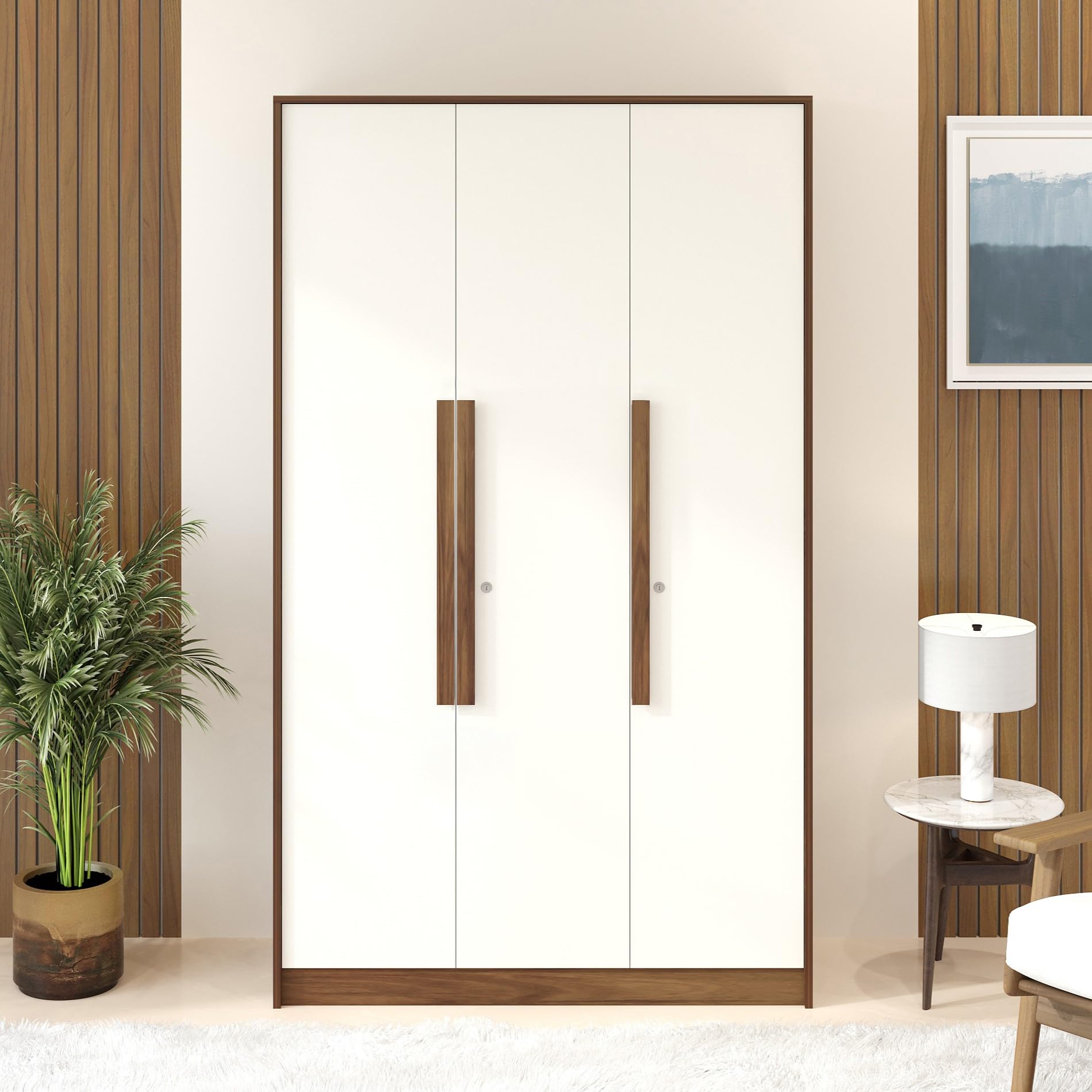 BLUEWUD Maltein 3 Door Wardrobe/Clothes Storage Rack Organizer Almirah Cupboard Cabinet with Shelves and Cloth Hanger for Bedroom Home Furniture (Brown Maple & White, 106.4 X 40 X 180 CM)-picture-39