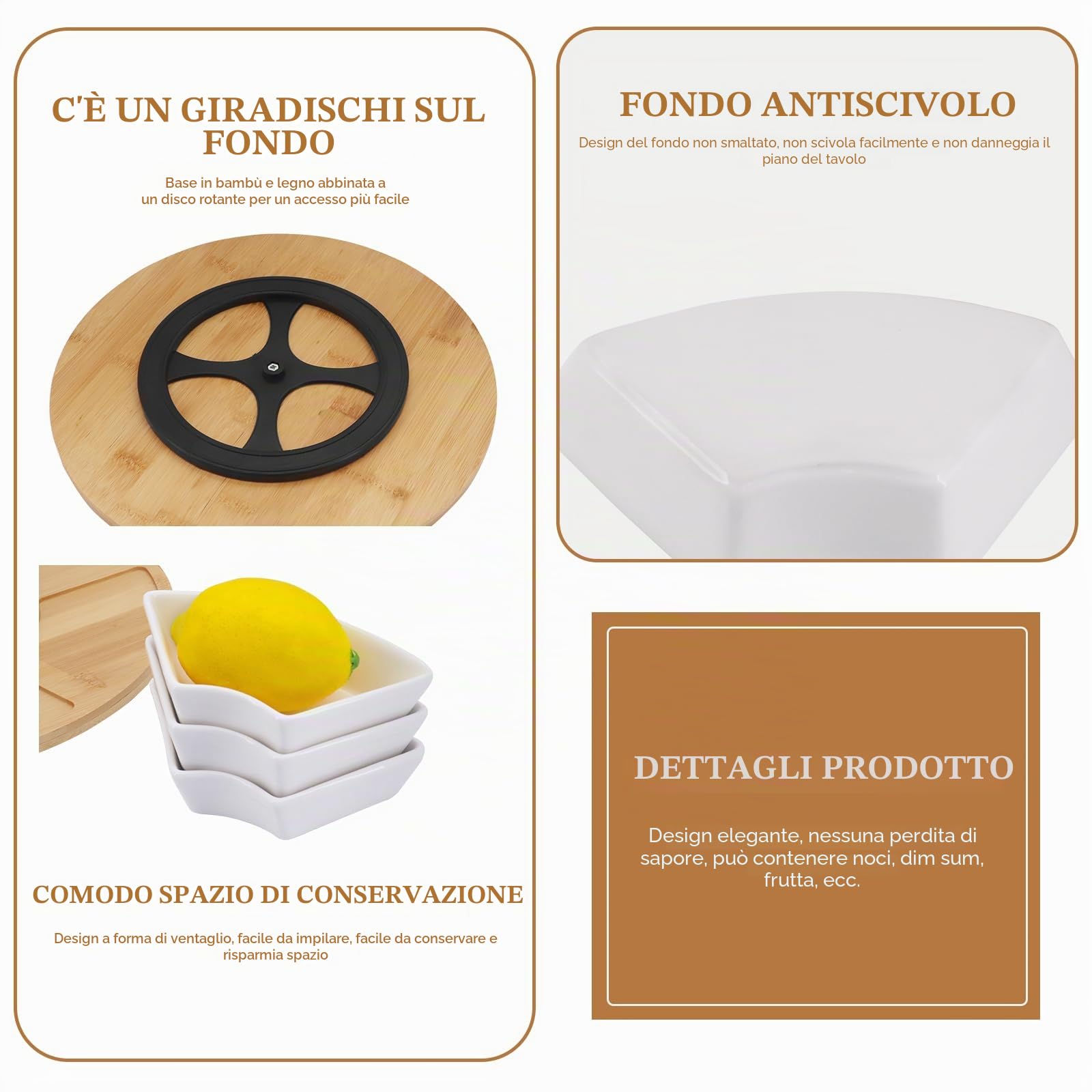 Antipastiera con piano girevole Lazy Susan, Lazy Susan rotante-29cm, vassoio per condimenti, vassoio da portata in ceramica con piatto in bambù, piatto da portata diviso con 6 piatti