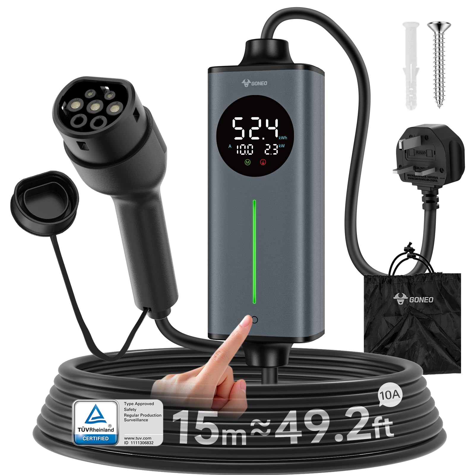 GONEO Portable EV Charger 5M, 3-Pin UK Plug to Type 2 | Temperature Monitor,AC 30mA+DC 6mA Leakage & Earth Protection | 10A 2.3kW Electric Car Charging Cable for Home/Travel,Adjustable Current & Timer — view 14