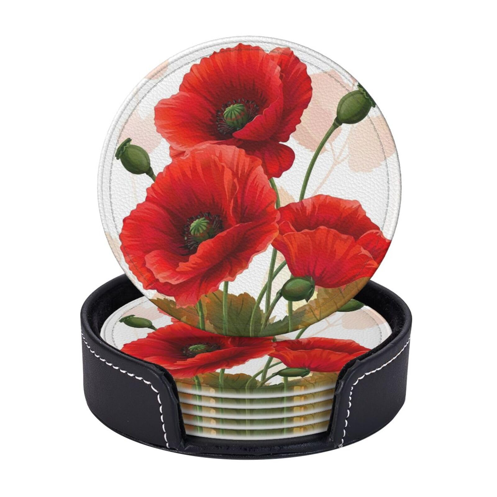Coasters Set of 6 Leather Drink Coasters with Holder Poppy Flowers Vivid Petals Coasters for Drinks Heat Resistant Coaster Round Coffee Cup Mat Pad for Kitchen Office Home Decor