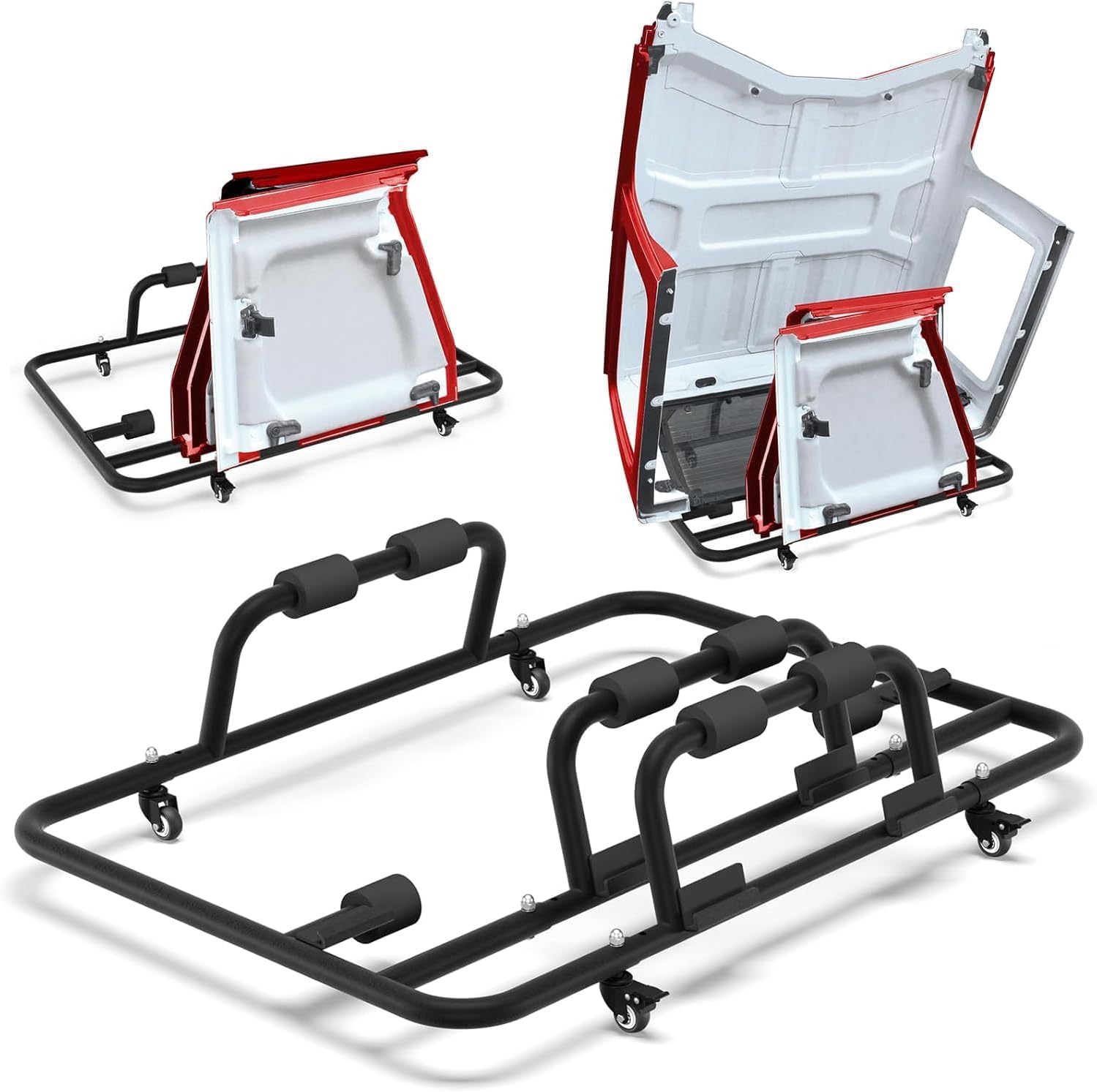 Jeep Hardtop Storage Rack for Wrangler CJ-7 YJ TJ JK JL (1976-2025), Rolling Carbon Steel Hard Top Storage System with Wheels