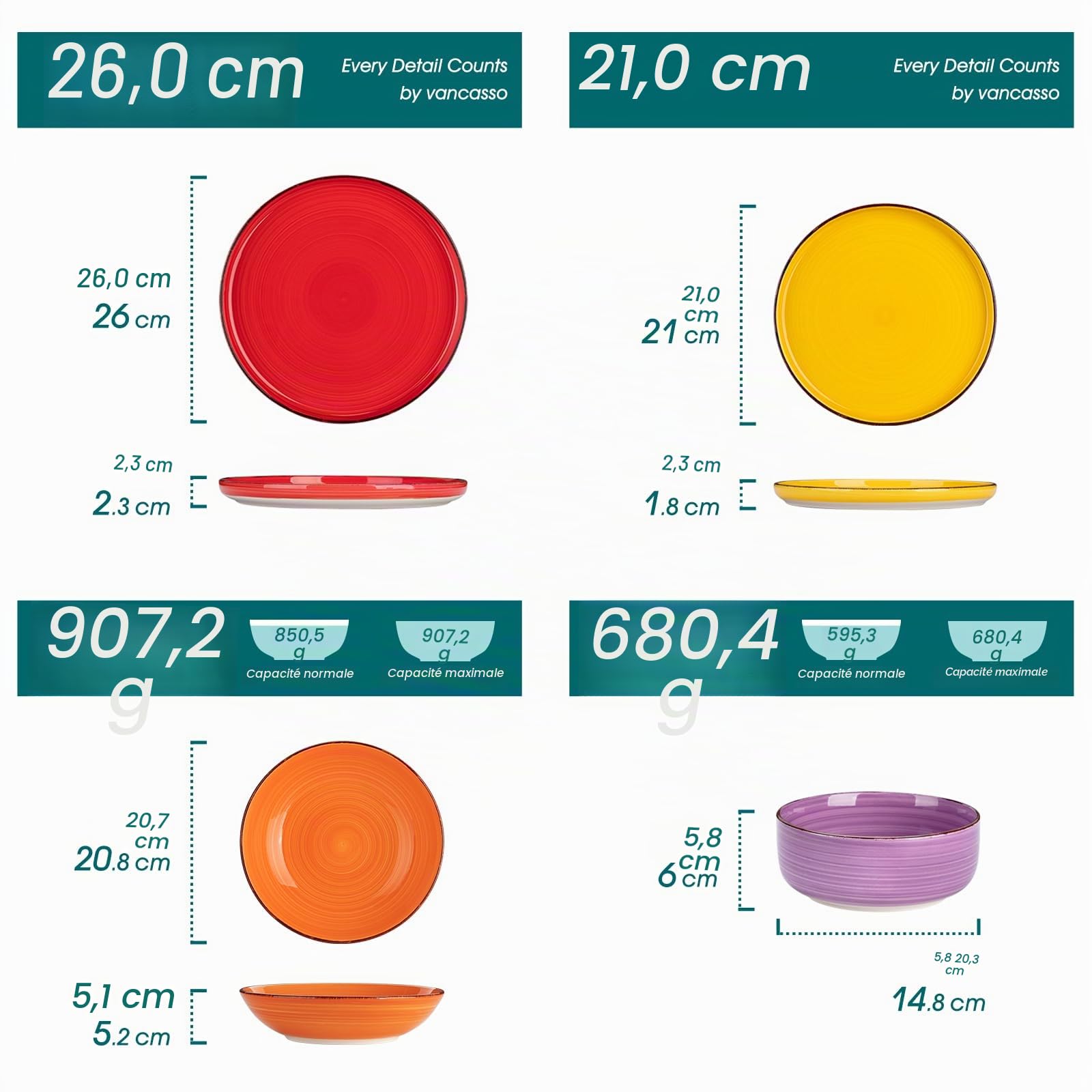 vancasso Série BONITA Assiette Service de Table 24 Pièces pour 6 Personas, Bas Désign Plat en Grès, 6 Assiettes Plates, 6 Assiettes à Salade, 6 Bols à Pâtes et 6 Bols, Multicoloré