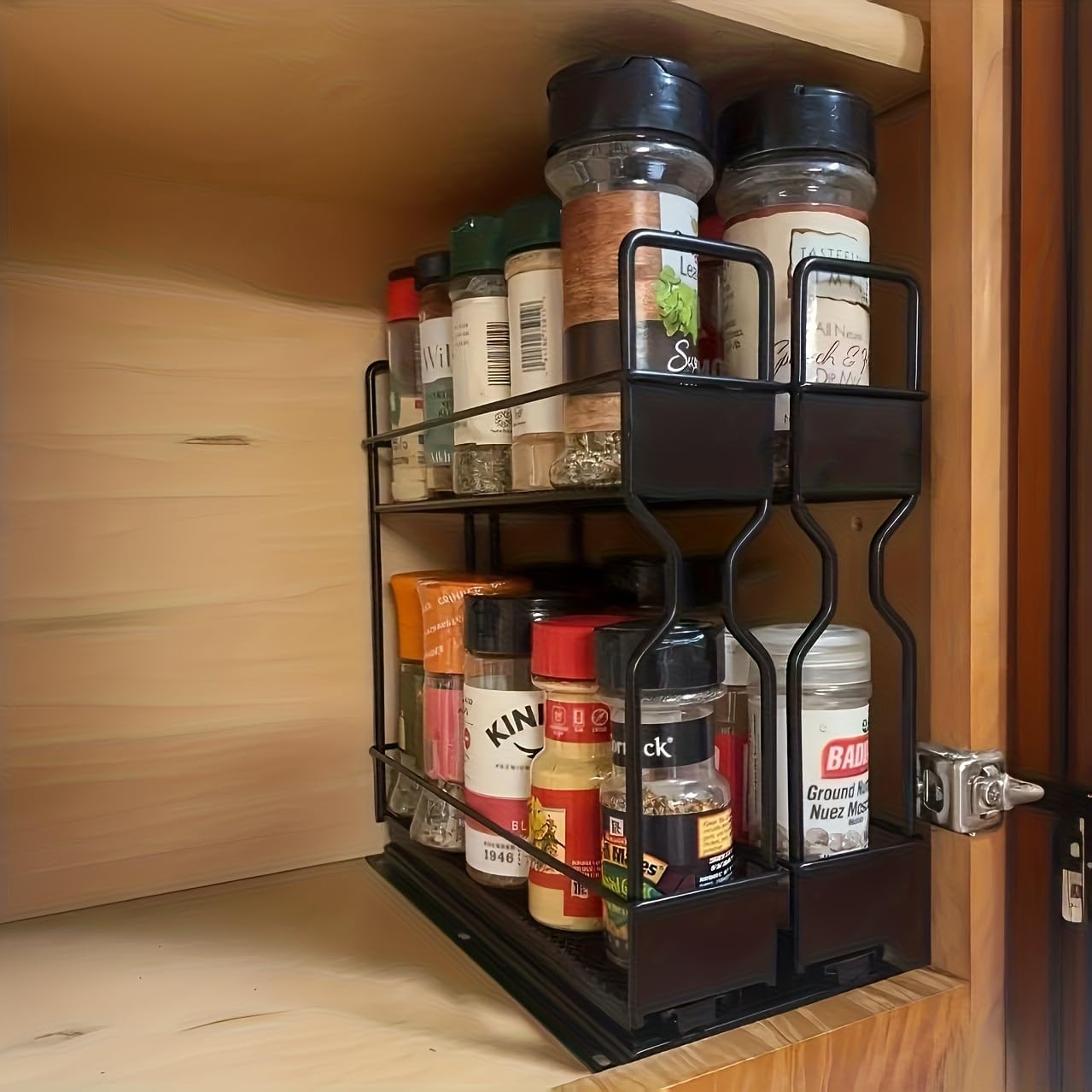 Pull Out Spice Rack Organizer for Cabinet, Heavy Duty Slide Out Seasoning Kitchen Organizer, Cabinet Organizer, with Labels, 5.2" W x10.75 D x10 H, 2 Drawers 2-Tier
