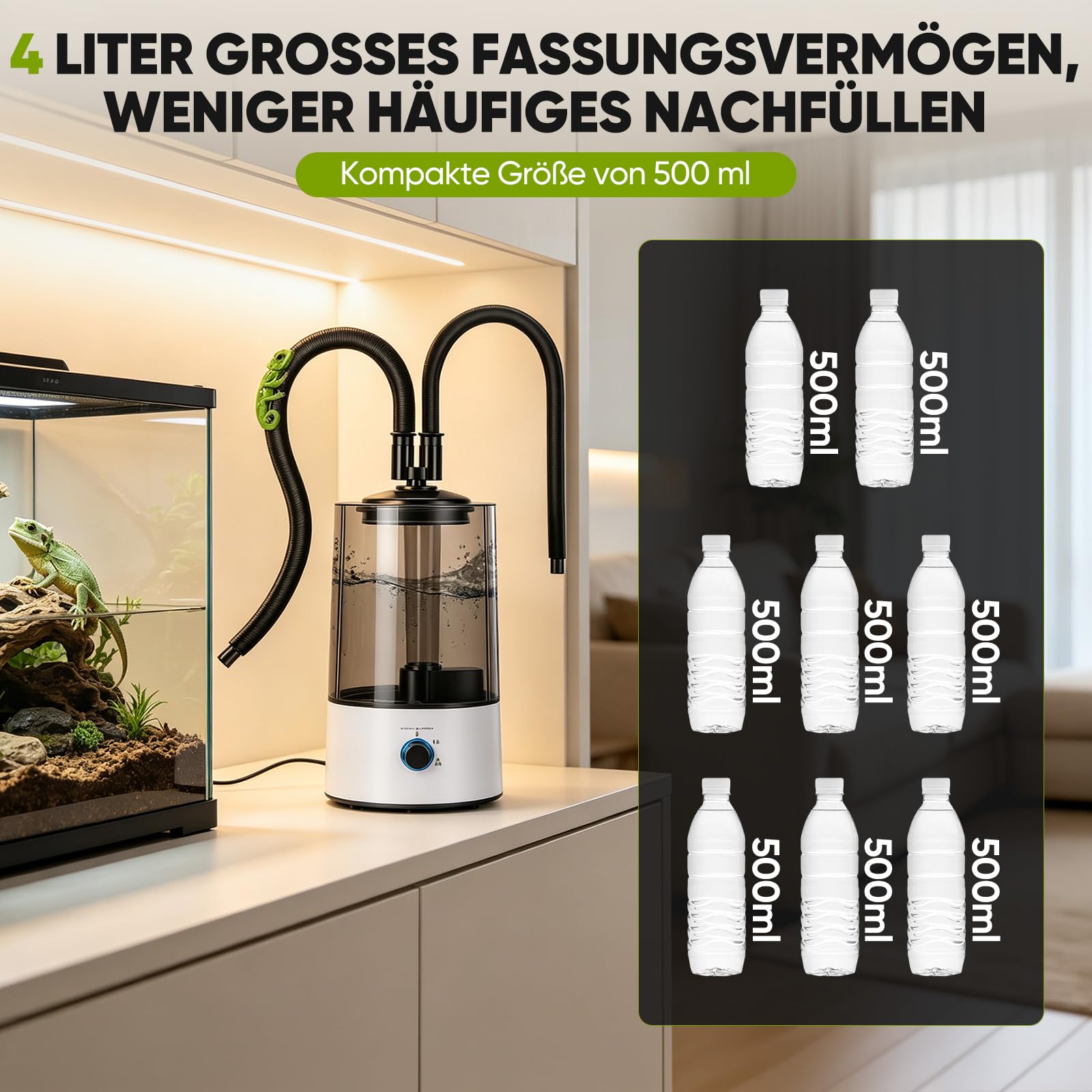 Reptilien Luftbefeuchter, 4L Großem Tank Nebelgerät，Reptilien-Tank-Terrarium Nebelmaschine mit 2m Schlauch,vernebler terrarium für Reptilien, Amphibien, Schildkröten, Feuchtpflanzen
