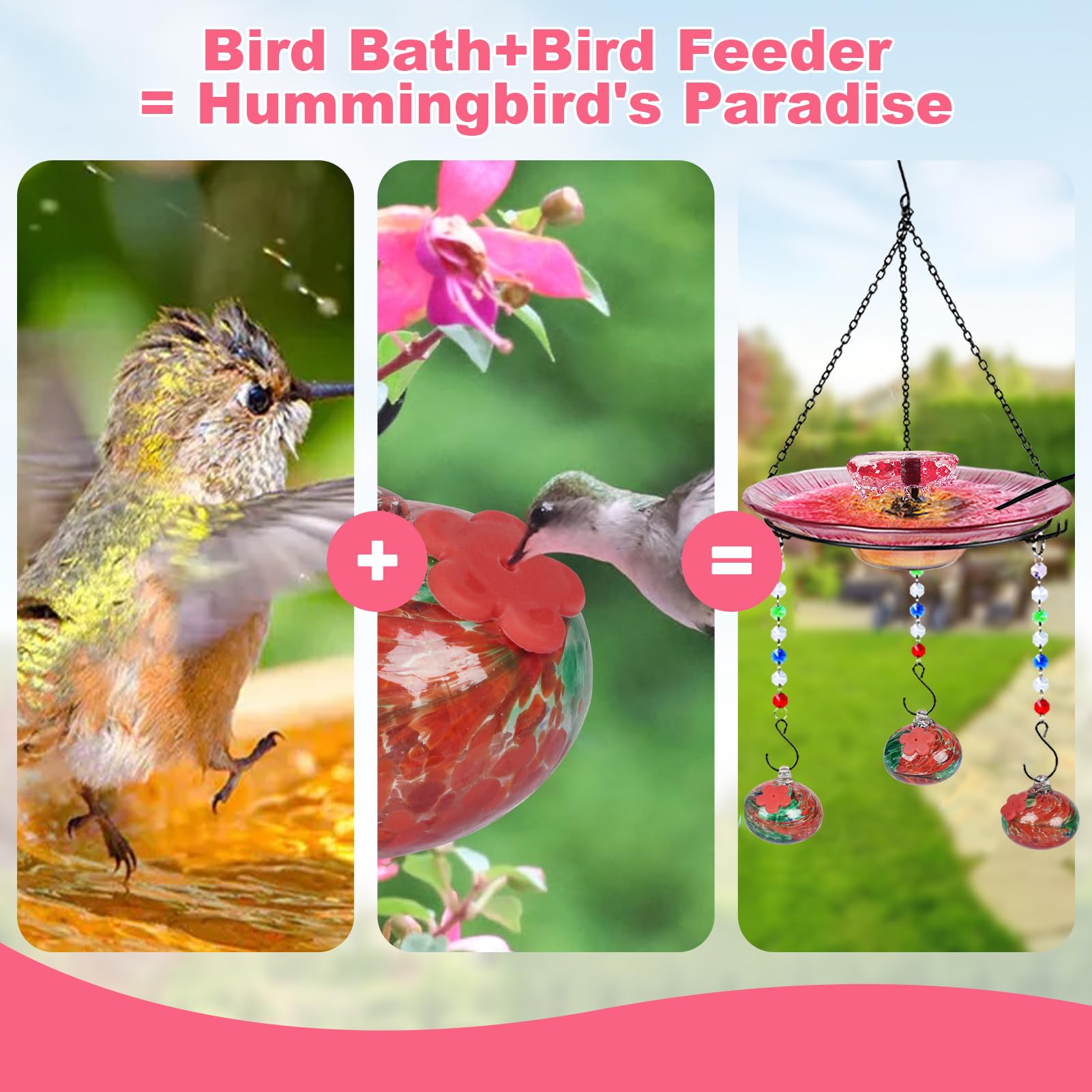 Headak Life Comedero de colibrí de vidrio soplado a mano para exteriores y baño de pájaros, 2 en 1 para pájaros pequeños, comedero colgante para colibríes, baño para pájaros para exteriores con bomba