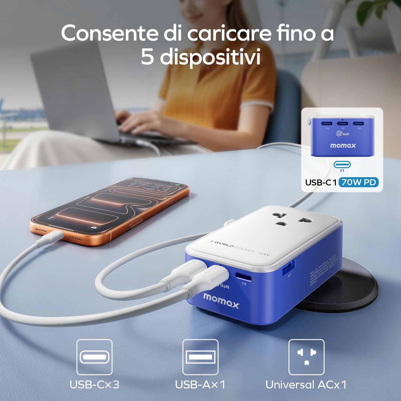 MOMAX Adattatore Universale da Viaggio GaN 70 W, Schlanke Presa Universale da Viaggio con 3 USB-C e 1 USB-A e 1 AC, Adattatore da Viaggio Italia Inghilterra Germania America Australia
