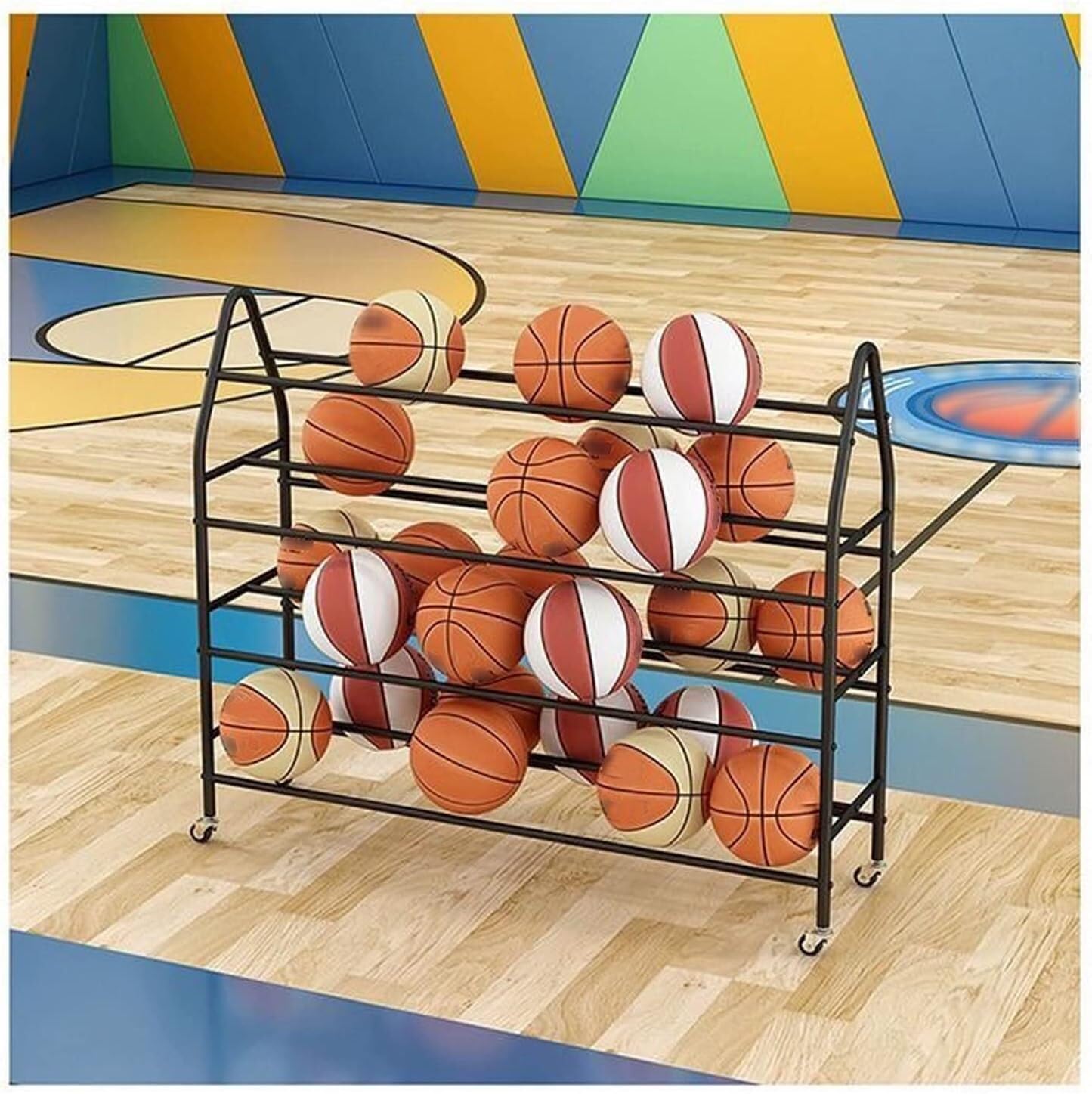 Supporto da basket regolabile con 4 livelli robusto per contenere fino a 35 palloni, perfetto per palloni da basket, calcio e pallavolo (nero, 82 cm)