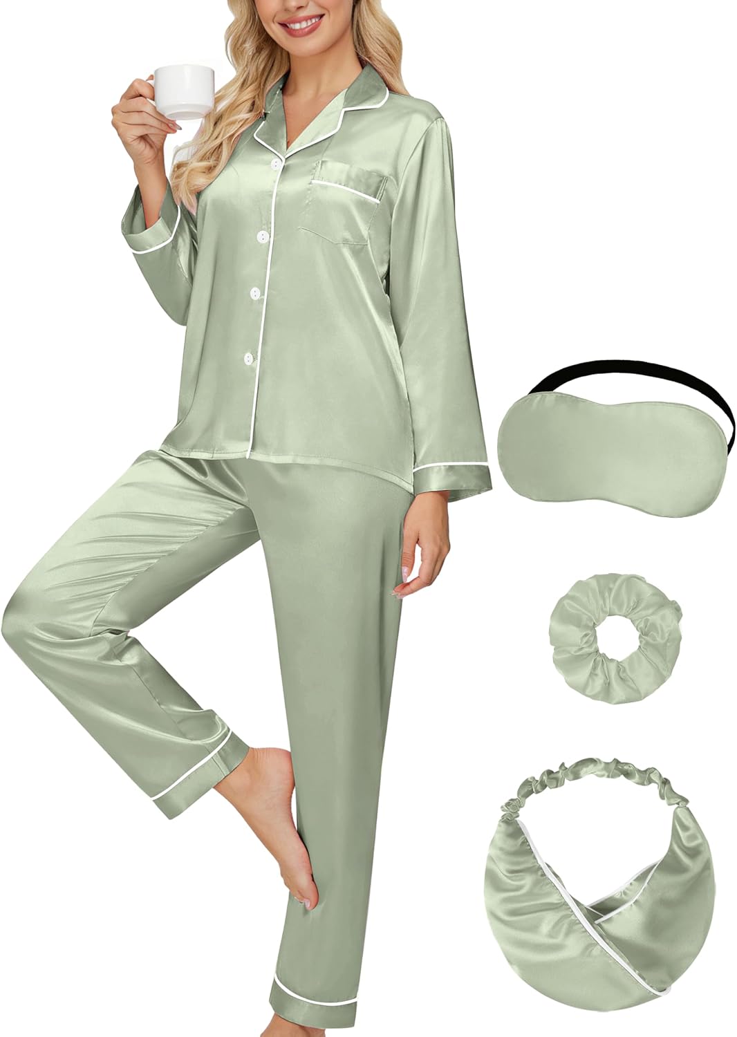 DOLOS Silk Satin Pajama Set for Women Silky Pjs Set Button Down Sleepwear