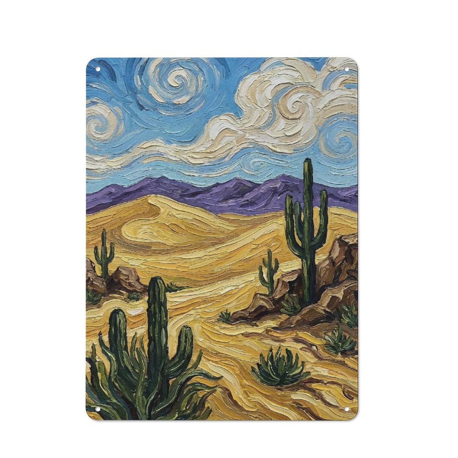 Junmoney Style-15 Metal Wall Plaque With Desert Landscape Painting With Cacti Design 40X30cm, Simple Retro Studio Wall Plaque For Hobby Room, Office, Lounge Or Living Room