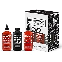 Weak Knees Spicy Sampler Gift Set - Includes Hot Honey, Gochujang Sriracha Hot Sauce &amp; Spicy Maple Syrup + Dish Cloth | Gourmet Cooking Gift for Women &amp; Foodies, Unique Gift Basket Ideas