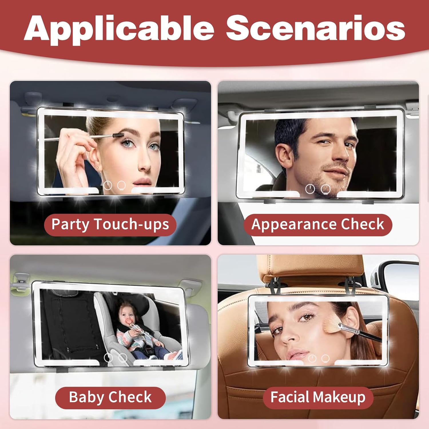 Car Vanity Mirror with Lights LED Visor Mirror for Car Rechargeable Touch Screen Mirror for Car Visor 3 Lighting Modes Travel Makeup Mirror Car Accessories for Women (2-PACK)