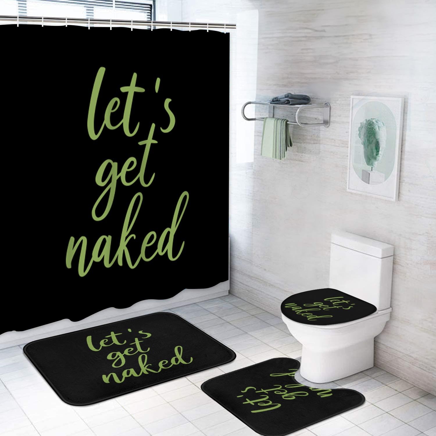 Rideau de douche noir chic Let's Get Naked et tapis de bain haute densité