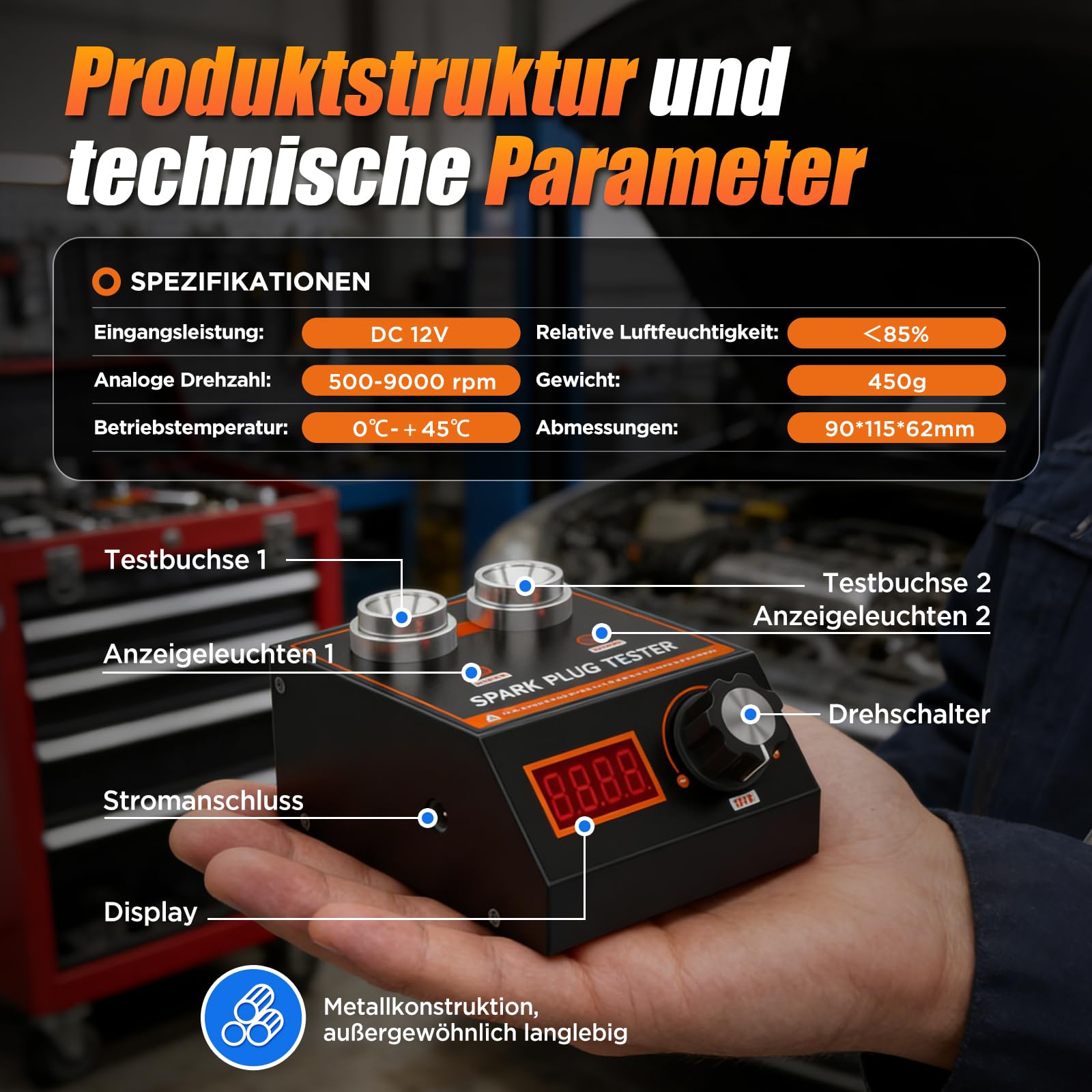 Zündkerzentester, Zündkerzenprüfgerät mit zwei Öffnungen, MotorZündungstester, Einstellbare Arbeitsfrequenz von 500 bis 9000 U/min, Zündkerzenprüfer für 12-V-Autos und Motorräder