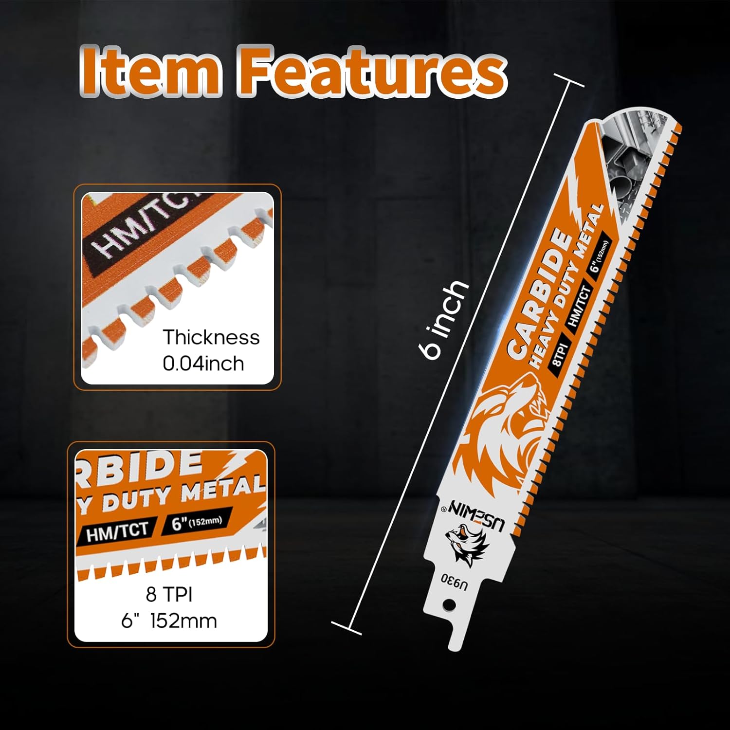 3 Pack Carbide Reciprocating Saw Blades, 6 Inch 8 TPI Metal Blades, Pruning Blade for Reciprocating Saw for Thick Metal, Cast Iron, Alloy Steel