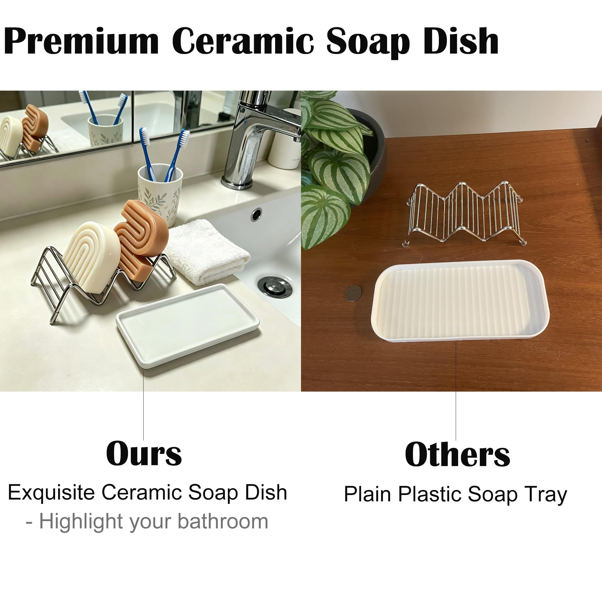Jabonera, barra de ducha autodrenante de acero inoxidable con bandeja de cerámica, ahorrador de jabón estilo W para baño, fregadero, cocina y encimera (textura gris)