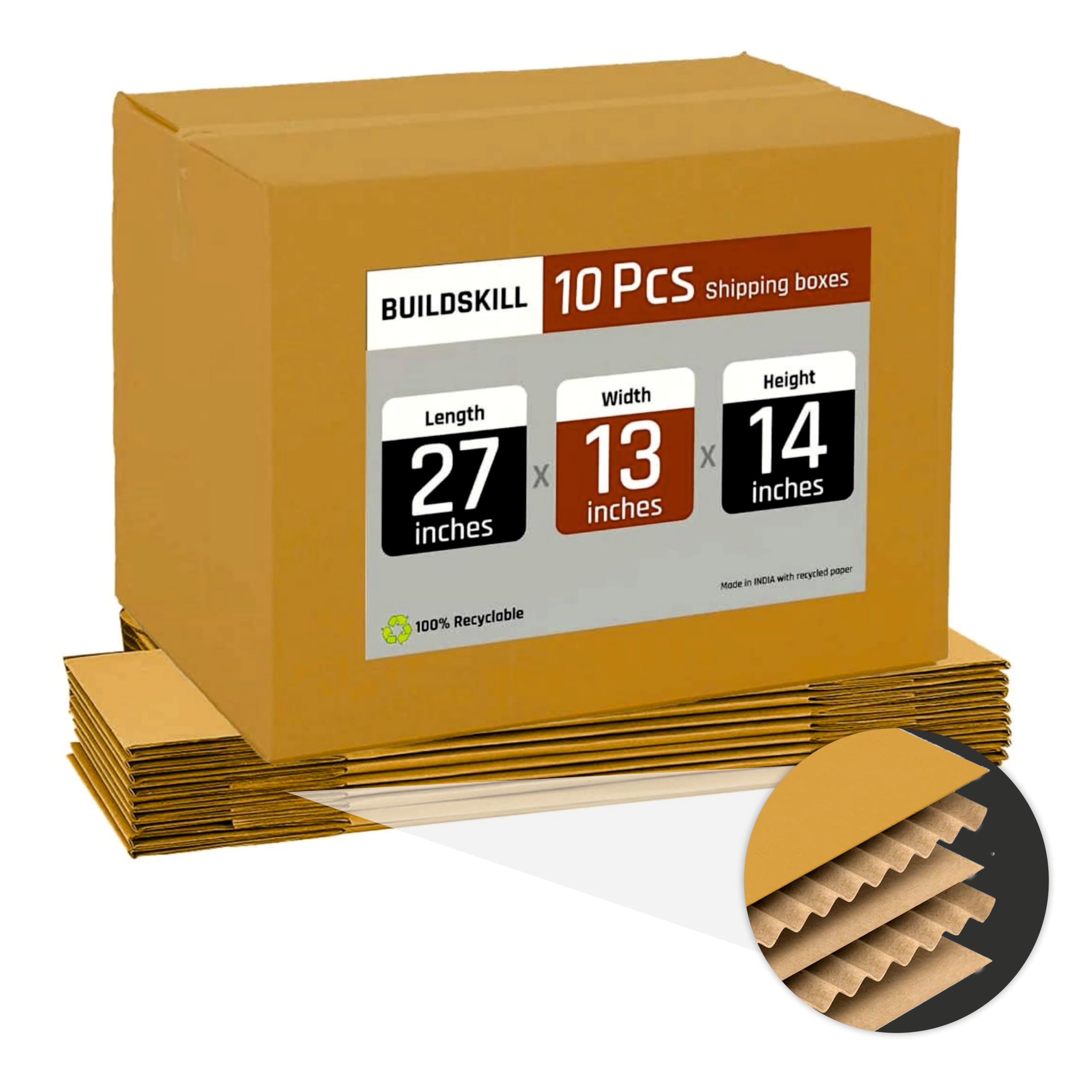 BUILDSKILL Pack of 10 | 5 Ply | 27"X13"X14" Cardboard Boxes for Packaging | Brown Corrugated Box for Packing | Shipping | Home Shifting | Parcel | Courier Packing box | Large Carton Box | Recycled (B0CW1BJP12) Amazon Price History, Amazon Price Tracker