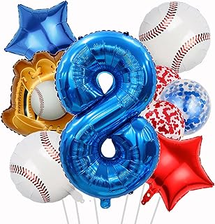 Baseball Balloon Baseball Birthday Party Supplies with 8th Balloon Baseball Glove Foil Balloon Red Blue Star Red Blue Confetti Balloon for Baseball Party Decorations Birthday Party Decorations 9Pcs