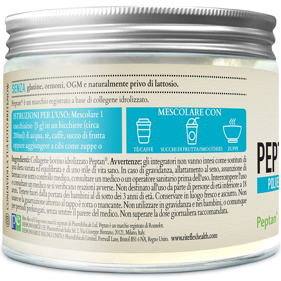 Rite-Flex, Peptidi di Collagene confezione da 250 g con Peptan, Polvere di Collagene Idrolizzato, 5g (5000 Mg) di Collagene per porzione