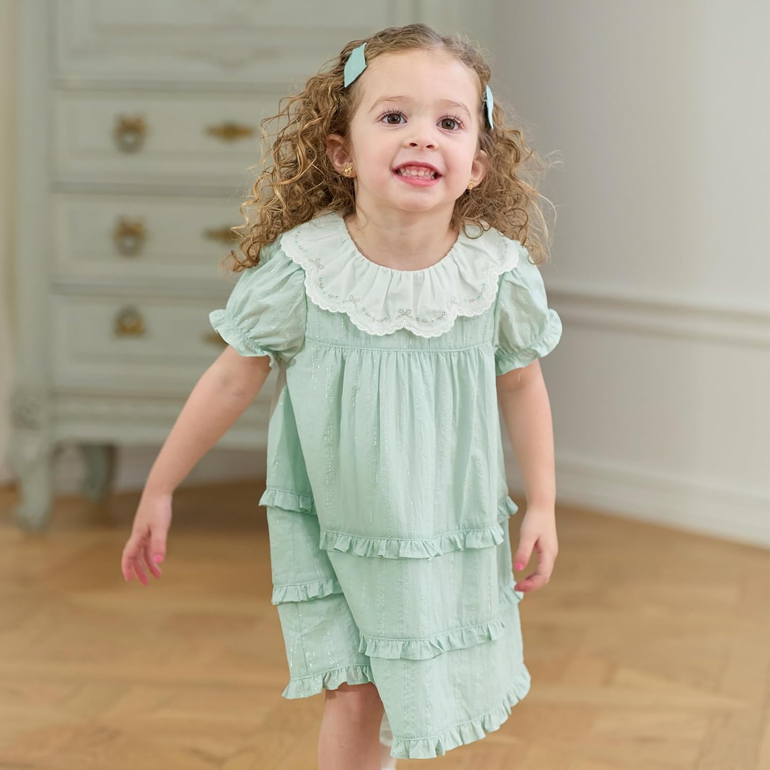 DAVE&BELLA Toddler Baby Girls Summer Dress, Short Puff Sleeve Cotton Sundress Blue Striped Floral Embroidery Prince Dresses