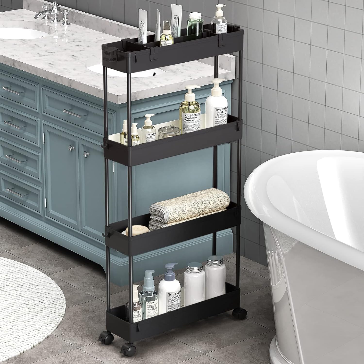 Allkartz - 4 Tier Slim Rolling Trolley Organizer Storage Rack with Wheels – Kitchen Trolley Organizer, Plastic Shelf Rack for Storage, Bathroom Trolley, Utility Cart for Fridge Side & Narrow Spaces-image-4