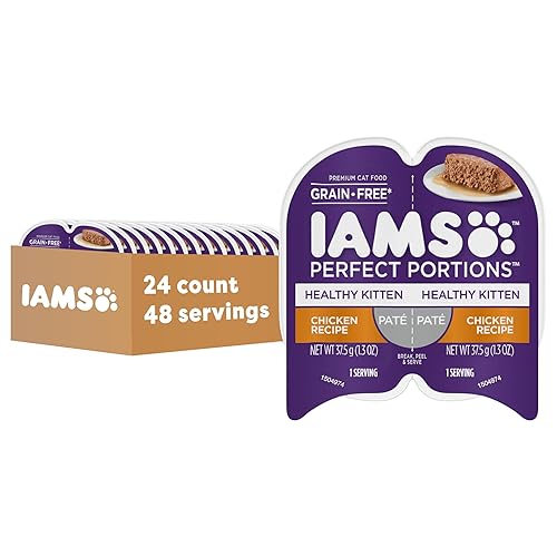 IAMS Perfect Portions Healthy Kitten Grain Free Wet Cat Food Pate, Chicken Recipe, 2.6 oz. Easy Peel Twin-Pack Trays (24 Count, 48 Servings)