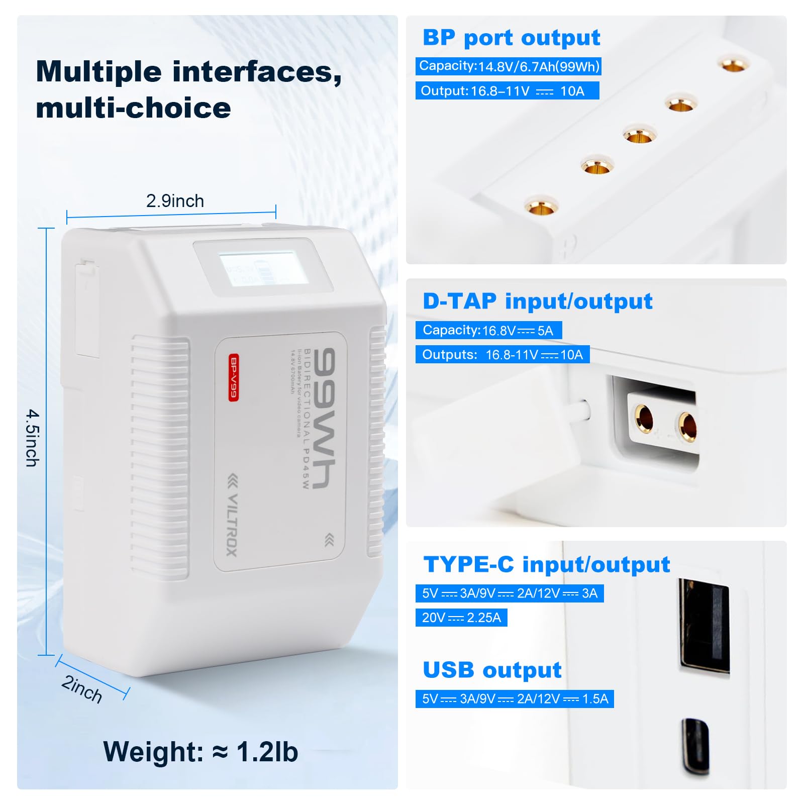 VILTROX BP-V99 V Mount Akku 6700mAh Mini V Lock Battery 99Wh/14.8V mit LCD-Anzeige,Dual D-Tap&USB Output,Weiß Mini V Lock Akku in Camcordern,Kameras,LED-Lampen,Monitoren,Smartphones und MacBooks
