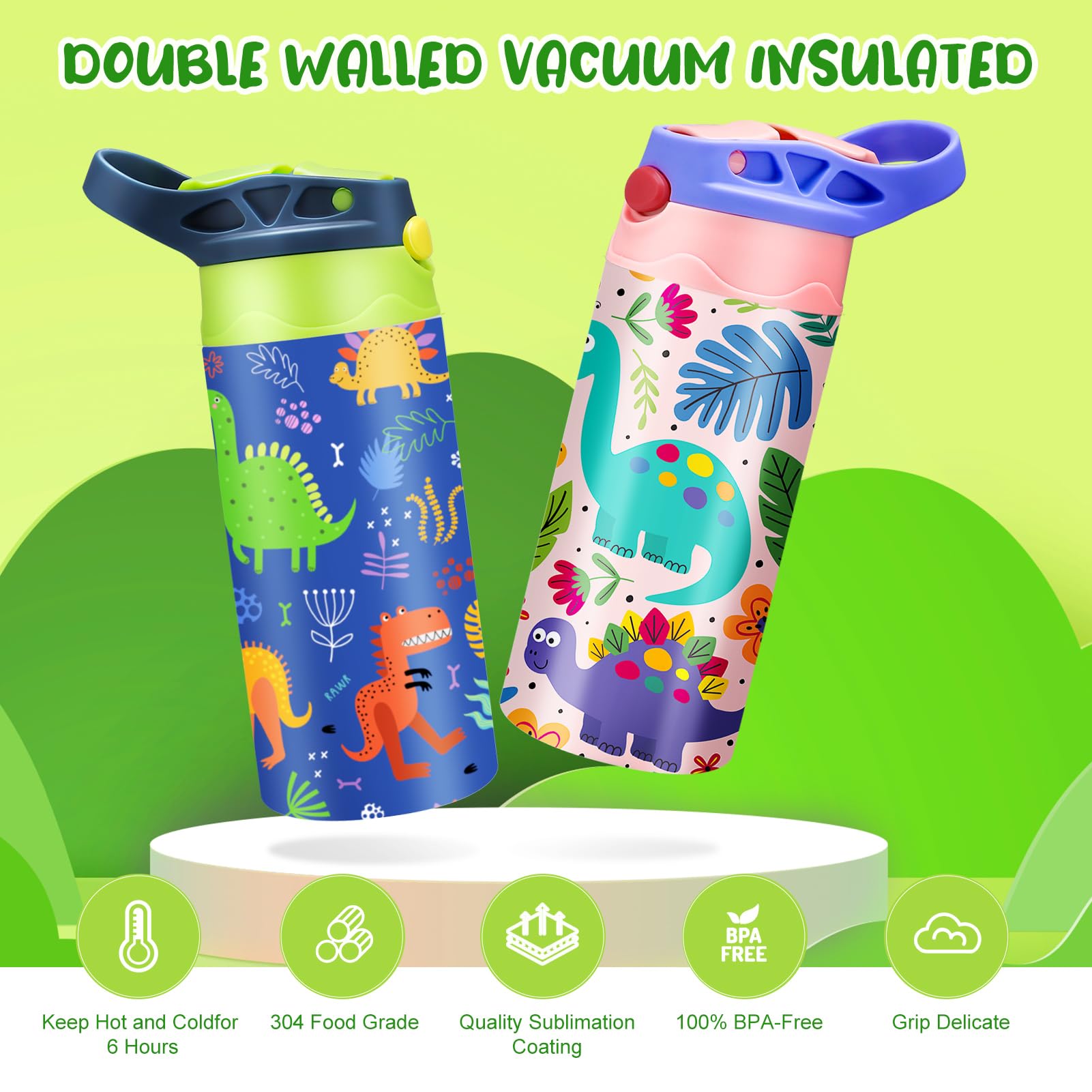 Paquete de 2 vasos de sublimación para niños, vaso de acero inoxidable con aislamiento de doble pared de 12 onzas con 2 tapas de popote reemplazables y parte inferior de goma