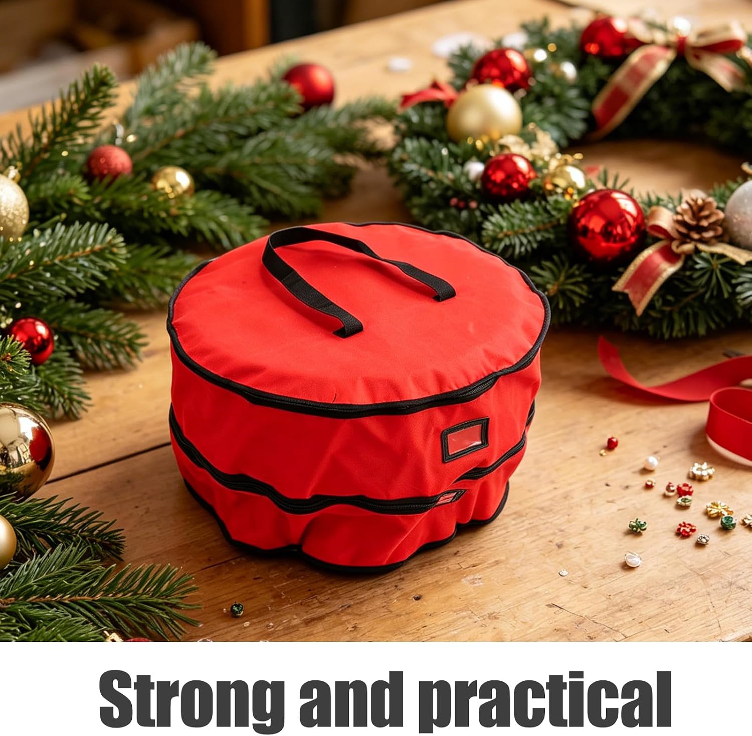 Red Wreath Storage Bag: 30 Inch Double Layer Wreath Keeper - Zippered Garland Tote with Handle - Oxford Cloth Bag for Xmas Holiday Door Window Garland