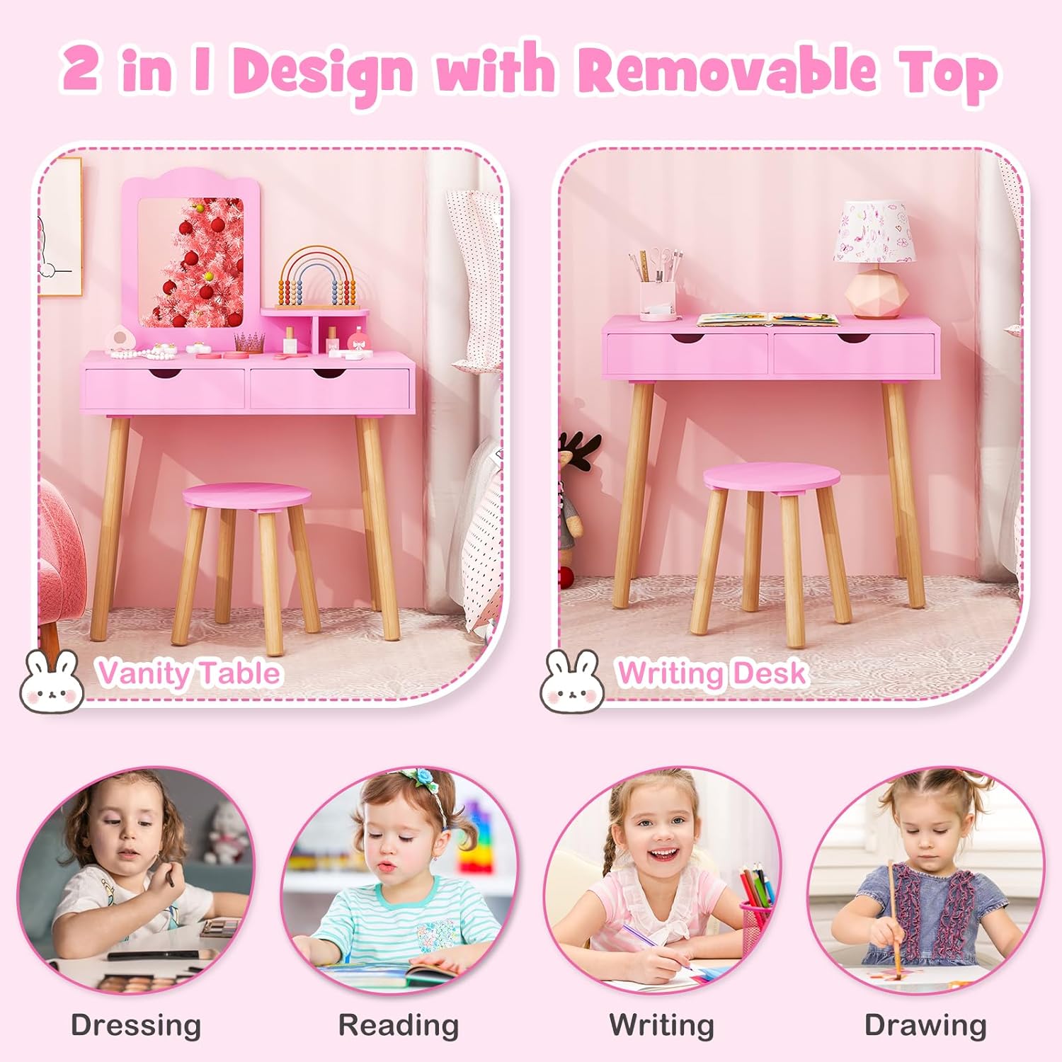 Olakids Kids Vanity Set, 2 in 1 Wooden Princess Makeup Table and Stool with Mirror Storage Shelf Drawers for Little Girls, Toddler Dressing Desk Pretend Beauty Play Set Toy Gift (Pink)