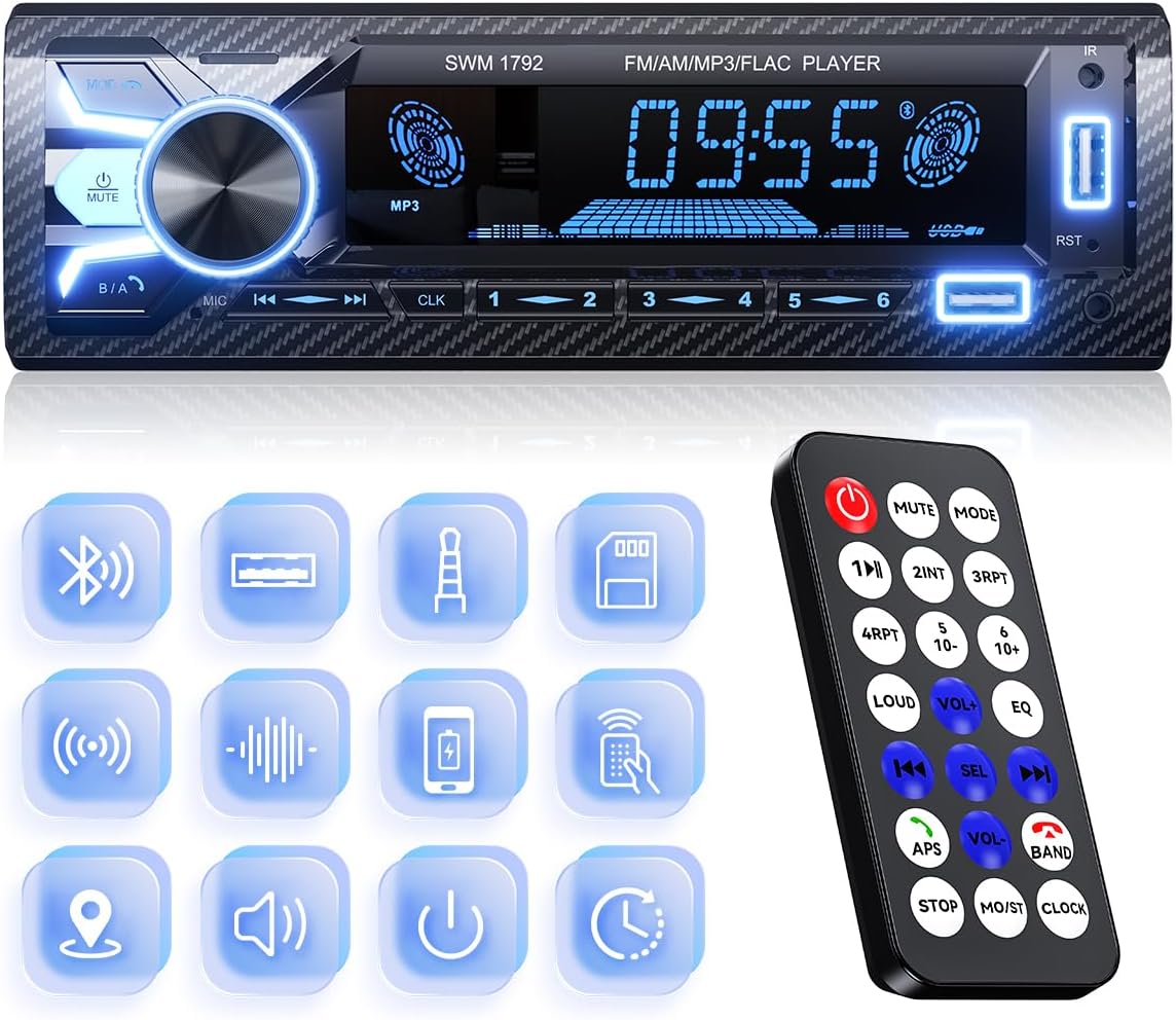Autoradio Bluetooth 5.0 1 DIN - Radio Voiture Avec Mains Libres, USB/AUX/SD, 7 Couleurs Éclairage - FM