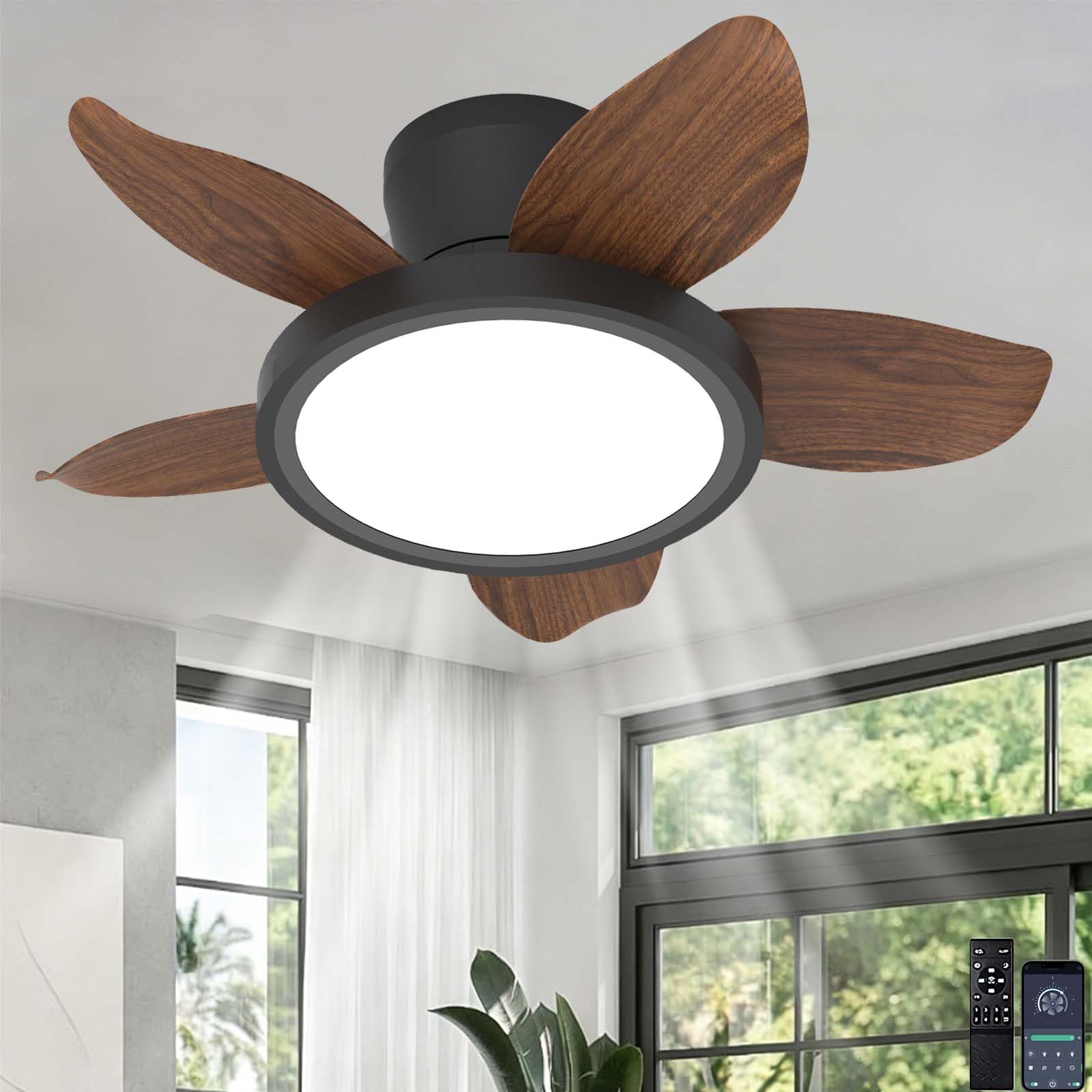 ZOMLBOF Ceiling Fans with Lights 6 Speed Reversible Dimmable Silent Fan Light with Remote Control APP Control Timer Function Light Fan Ceiling Suitable for Dining Room Bedroom-Walnut Wood color-25