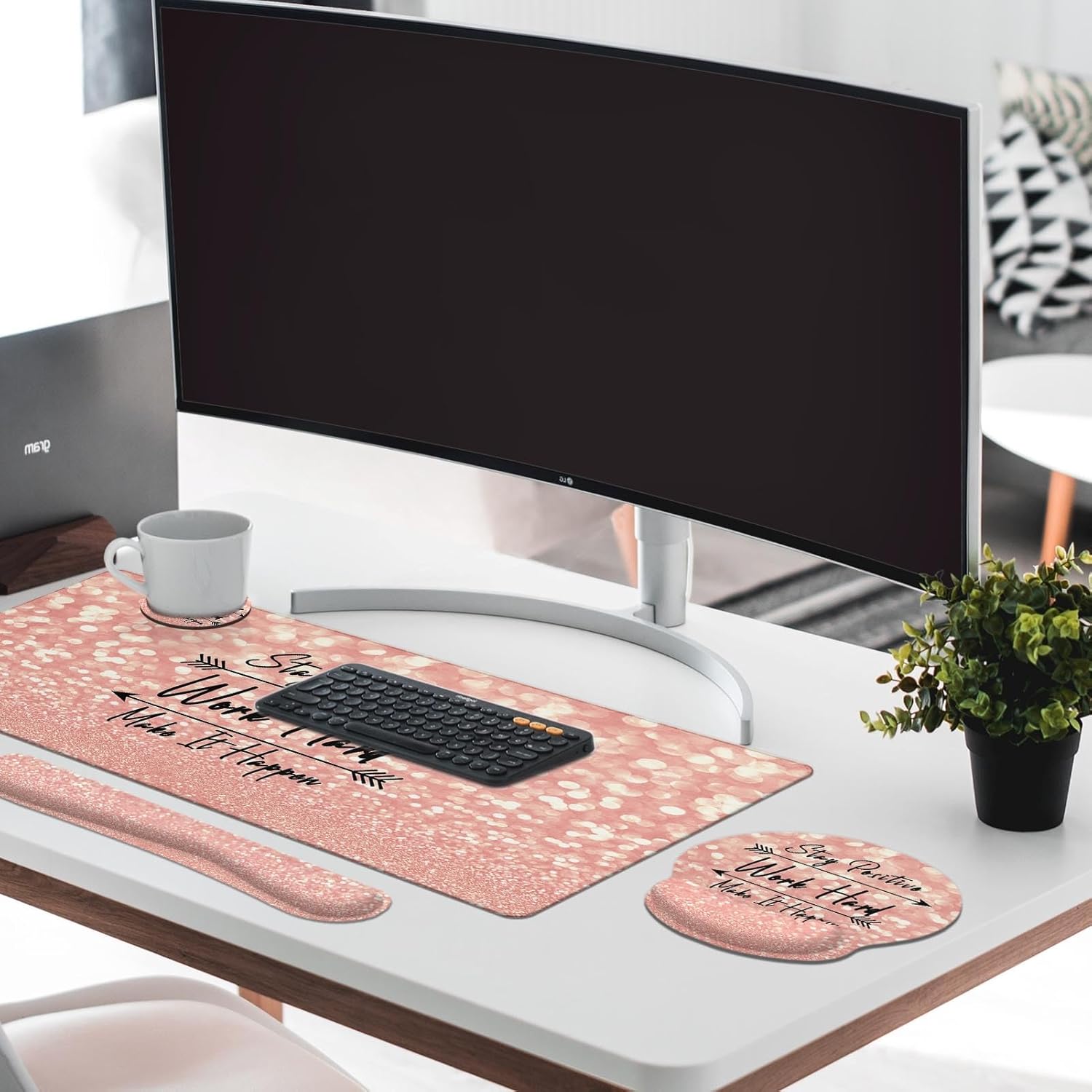 Arttown Desk Mat, Rose Gold Pink Mouse Pad Set with Wrist Support, 4-in-1 Large Mousepad+Keyboard Wrist Rest+Mouse Wrist Rest+Coaster with Ergonomic Design, Non-Slip Mat for Office, Home Decor