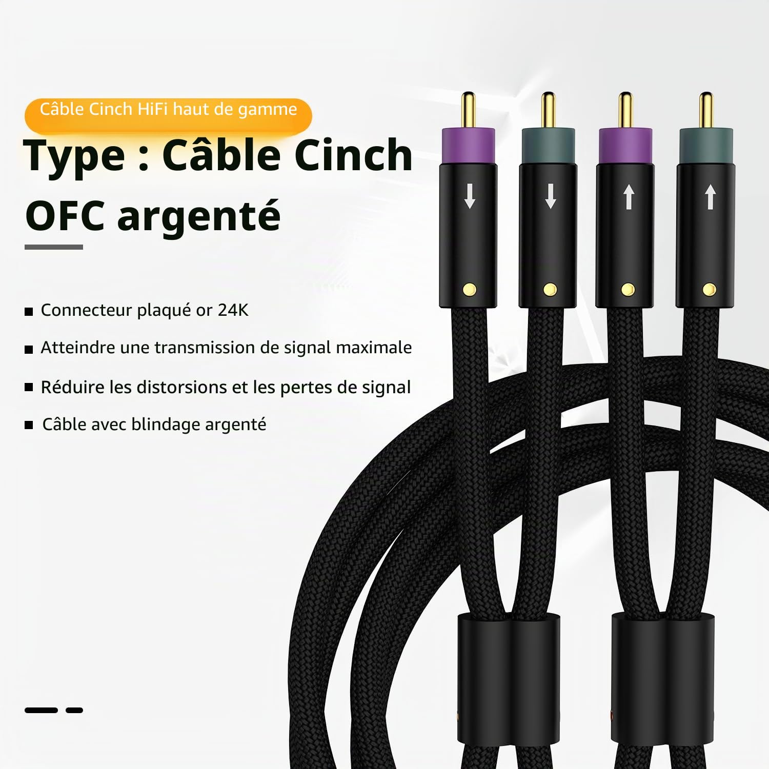 Tertullus Câble audio RCA haut de gamme pour platines disques, home cinéma et chaîne HiFi, plaqué argent OFC 24 carats, connecteurs plaqués or 1 m