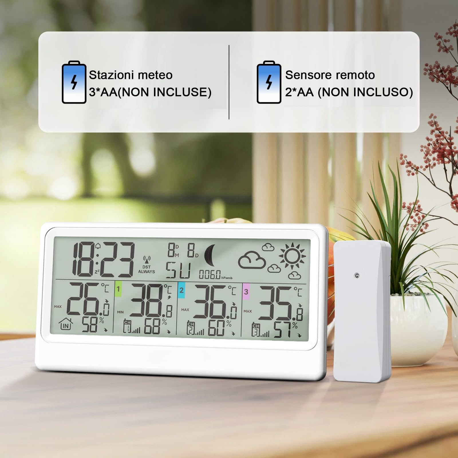 Stazione Meteo con 3 Sensore Esterno, Stazione Meteo con Display LCD 8,5”, Termometro Interno ed Esterno, Igrometro, Barometro, Previsioni Meteo, Fasi Lunari, Sveglia, Funzione Snooze e RCC