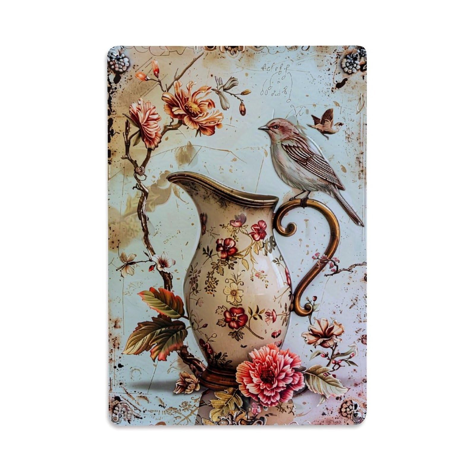 Jdfenggu Vintage Floral Bird Vase Pattern Art Retro Metal Tin Sign, Decor Art Poster For Bar, Home, Man Cave, Kitchen, Laundry Room Gift 8X12inch