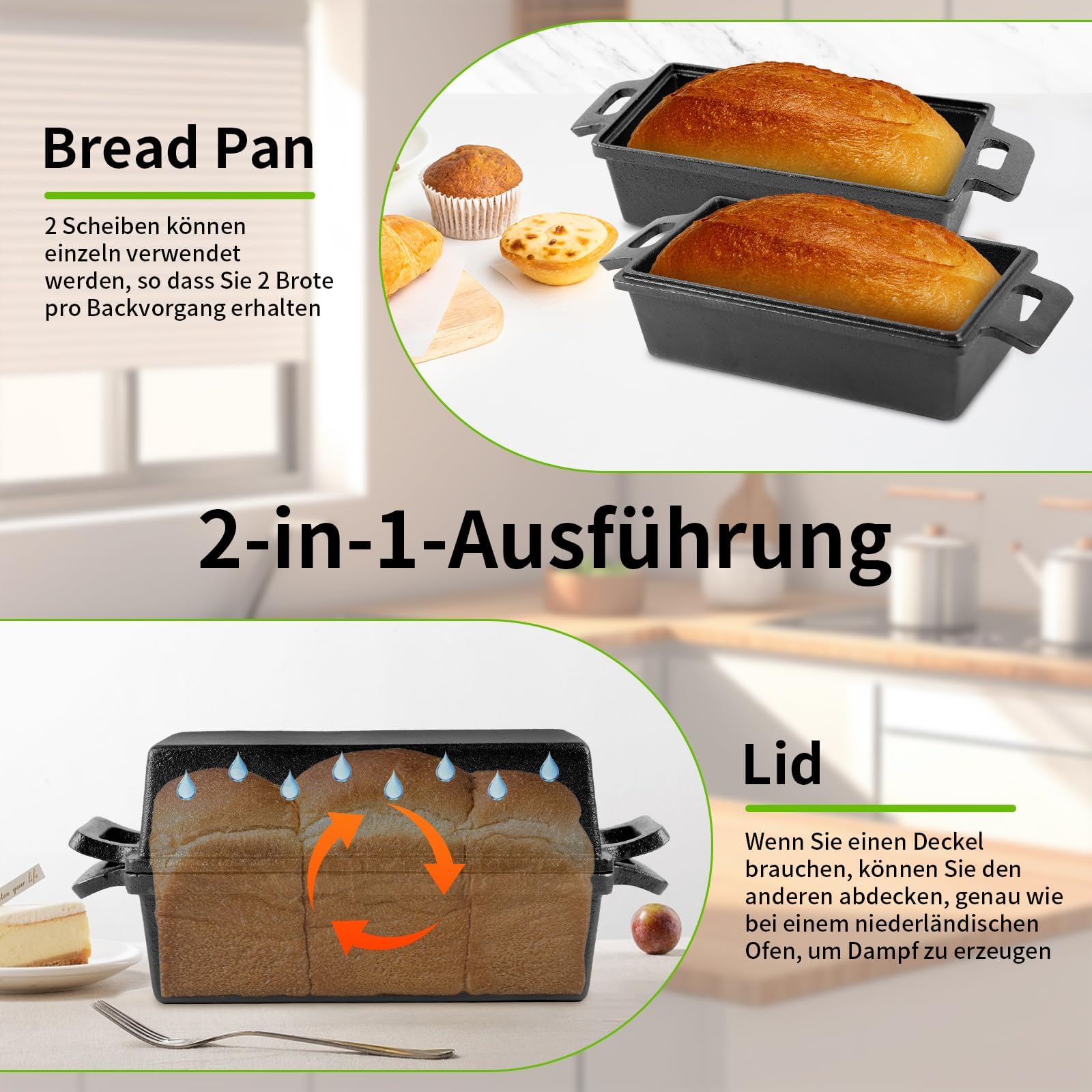 Teglia per pane in ghisa con coperchio, pentola in ghisa, per cuocere il pane, per toast, per forno, fornello, induzione, 25 cm