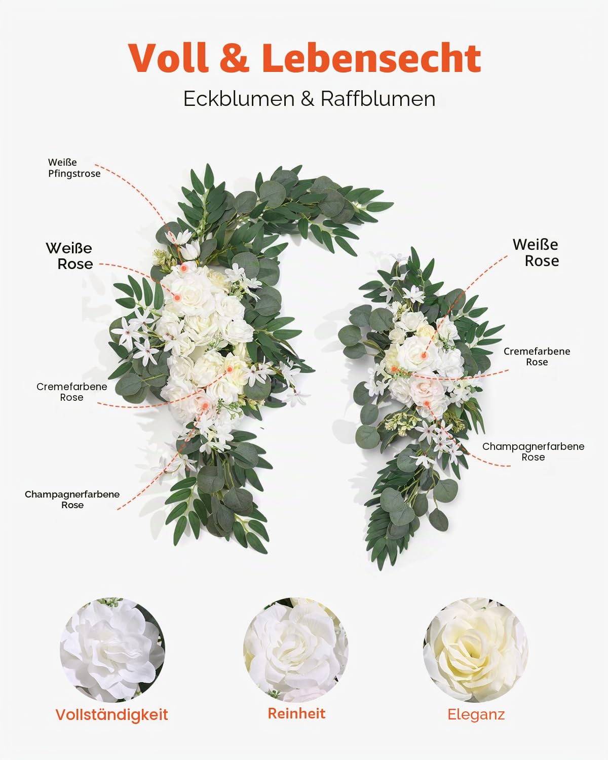 VEVOR Blumenset für Hochzeit Bogen, weiße Blumen für Traubogen mit Vorhängen (3er-Set) – 2 Blumenarrangements, 1 transparente Vorhänge, für Zeremoniensträuße, Empfangshintergrunddekoration