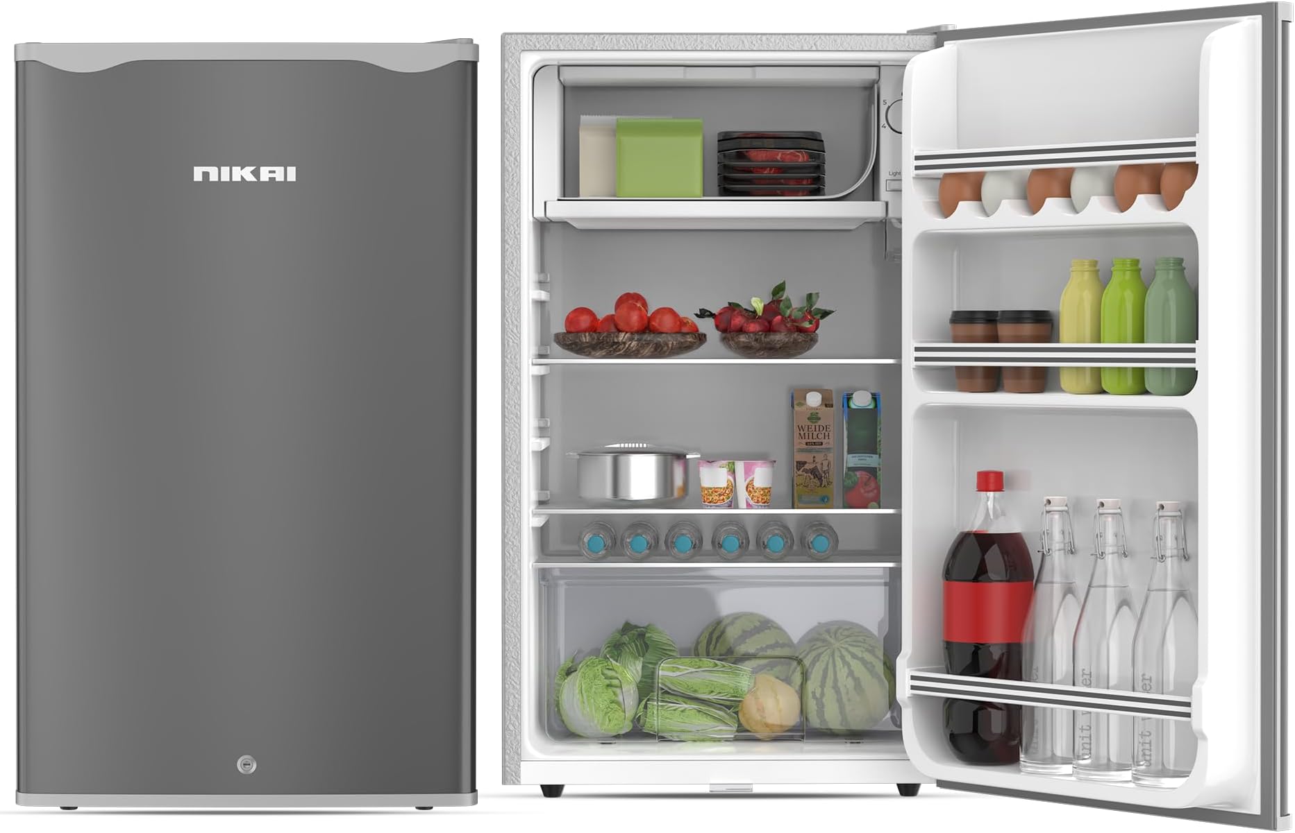 Nikai 125L Gross/90L Net, Single Door Mini Refrigerator, Compact Small Size Fridge with Separate Chiller Compartment, 2 Shelves & Bottle Storage Racks, For Home, Office, Bedroom -NRF125SS1 Silver