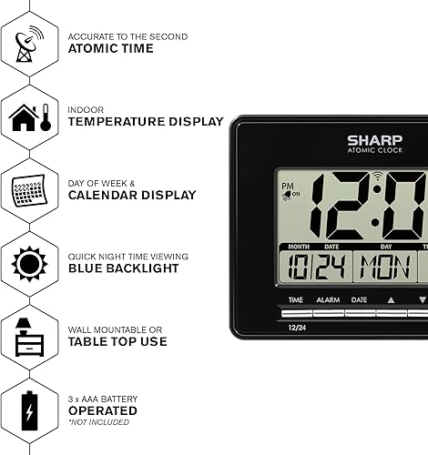 Miniatura 2 de Reloj de Escritorio Atómico Sharp – Reloj Despertador Digital de Ajuste Automático - Precisión Atómica - Pantalla Fácil de Leer con Visualización de
