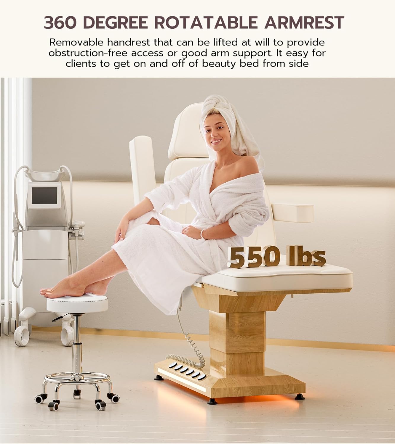 Icoget Professional Esthetician Bed with LED Light, Fully Electric Massage Table 3 Motor, Motorized Adjustable Spa Chair Facial Bed for Beauty Salon, Medical, Off-White