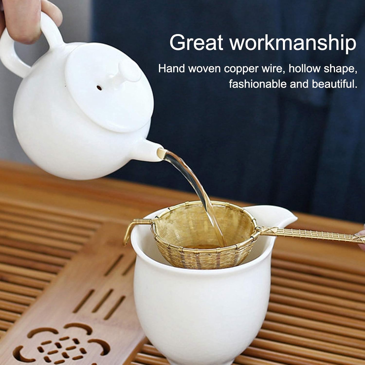 Gold Mesh Tea Infuser Copper Material Tea Strainer with Long Handle Reusable Loose Leaf Teapot Filter for Filter The Tea Dregs and Enhance The Tea Soup(13cm/5.1in)