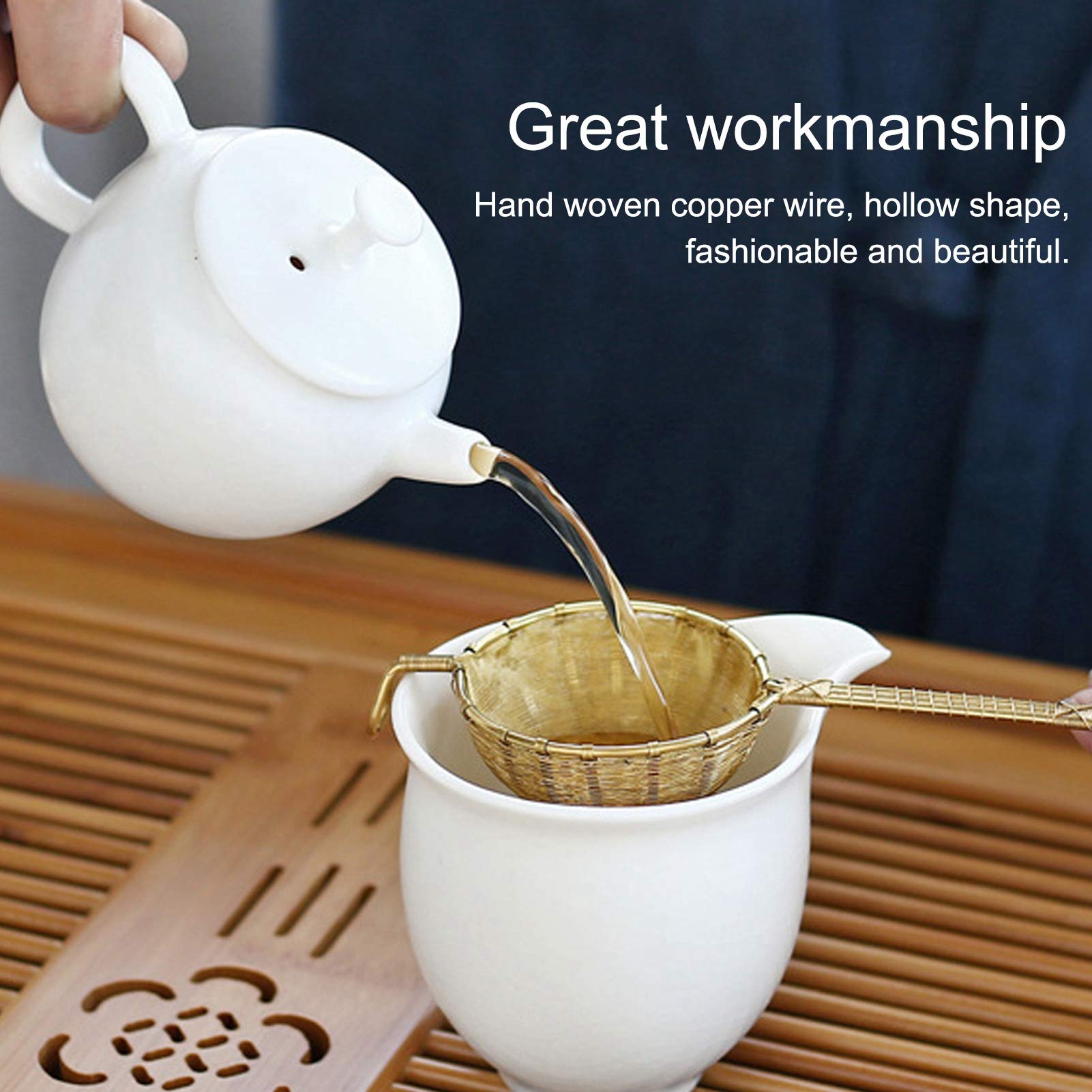 Infuseur à thé en cuivre, filtre réutilisable en vrac avec long manche, maille fine tissée à la main pour théière, idéal pour l'infusion de thé à base de plantes et de feuilles en vrac