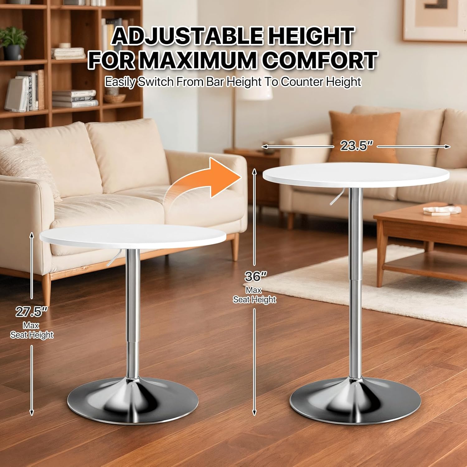 Magshion 23.5" Round Adjustable Height Bar Table, 27.5"-36" Range, 360° Swivel MDF Top Pub Table for Dining, Café, Cocktail (White)