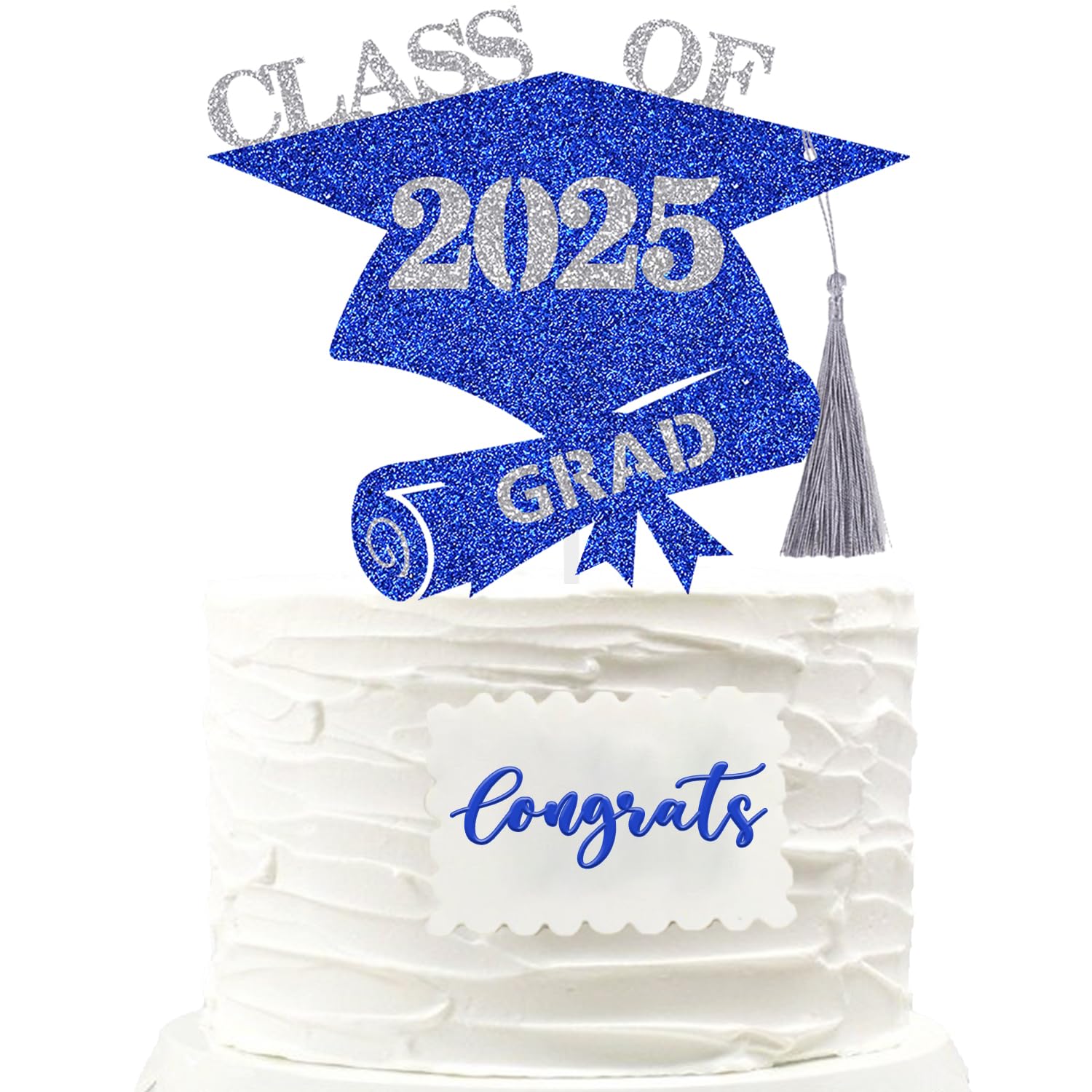 Graduation Cap Cake Topper With Silk Tassel Glitter Diploma Class Of 2025 Grad Party Decoration Blue Silver