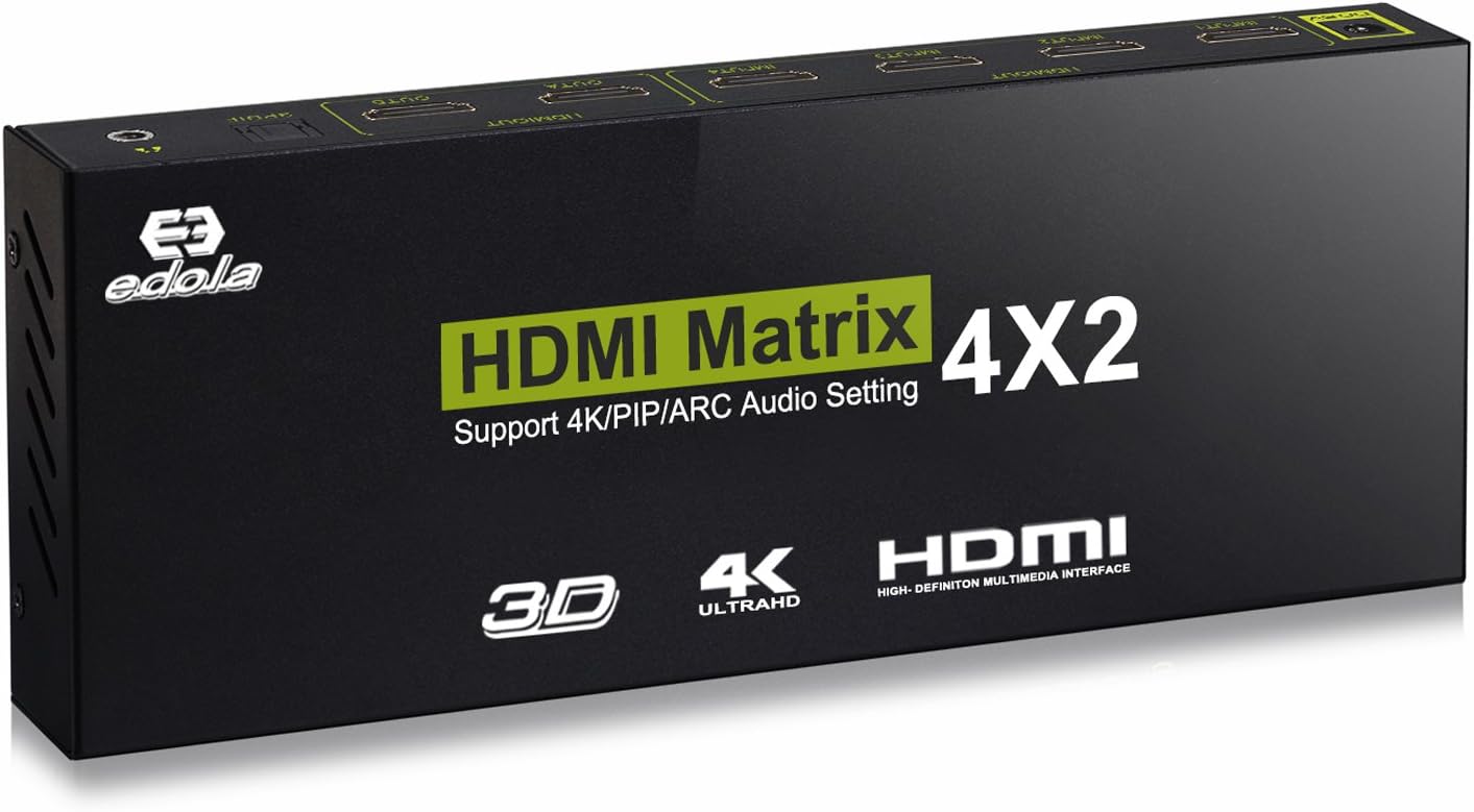 HDMI Selector, EDOLA HDMI Matrix 4x2 Switch Switcher 4-Port 4K UHD HDMI Selector Full Ultra HD Splitter Box with Heaphone Remote Support ARC, 4Kx2K, 1080P, 3D