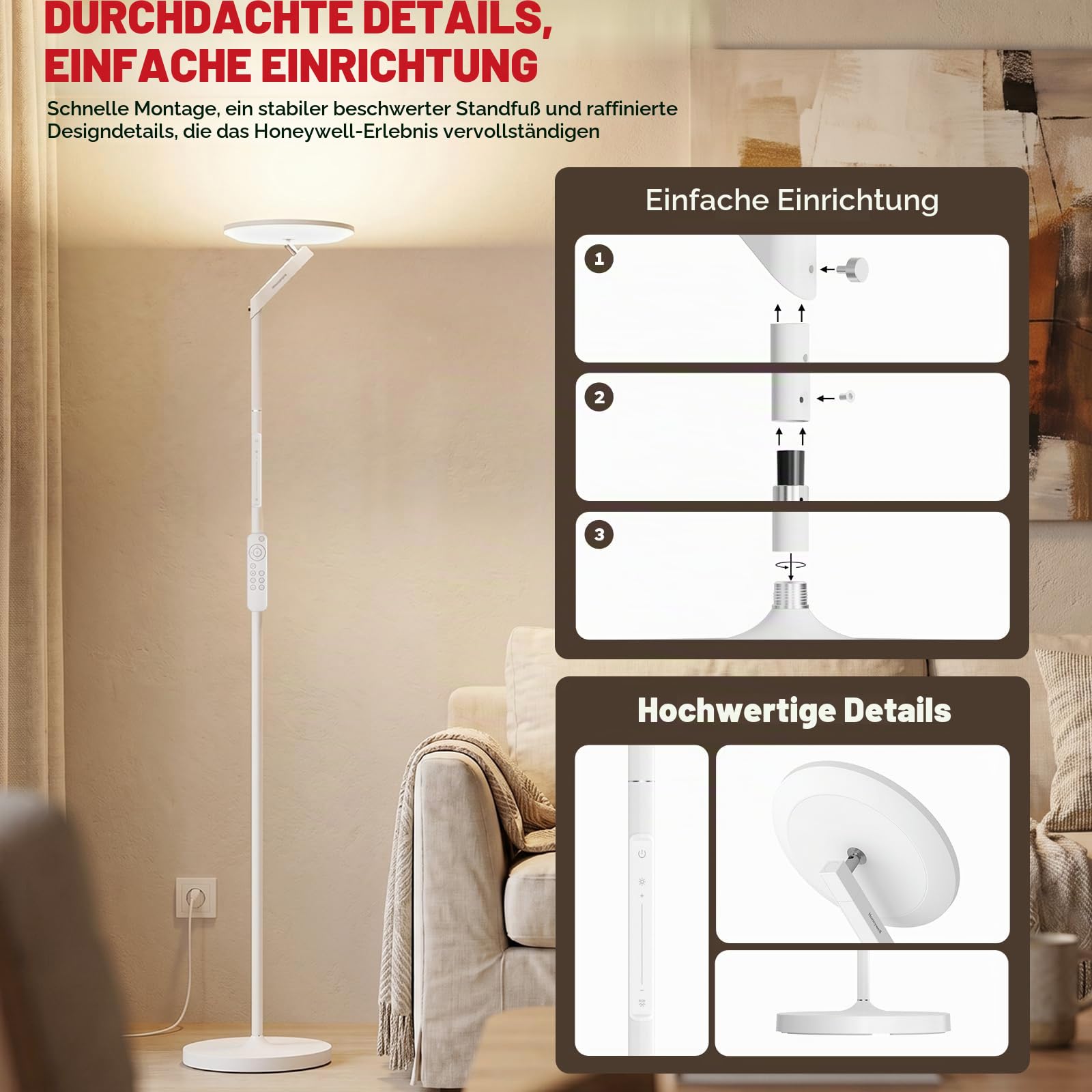 Honeywell LED Stehlampe Wohnzimmer Dimmbar,3000LM 2700-5700K Fernbedienung