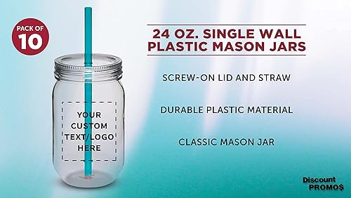 Miniatura 3 de DISCOUNT PROMOS Juego de 10 tarros de plástico personalizados con pajilla, 24 onzas, paquete a granel personalizado  Tarros para avena durante la